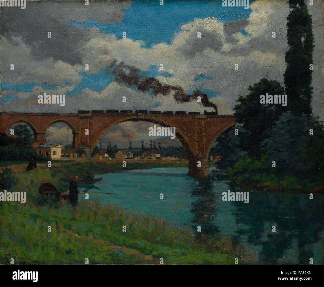 Pont ferroviaire qui traverse la Marne à Joinville. Artiste : Armand Guillaumin (Français, 1841-1927 Paris Orly). Dimensions : 23 1/8 x 28 3/8 in. (58,7 x 72,1 cm). Date : 1871-1875. Armand Guillaumin est peut-être moins connu que ses illustres amis Paul Cézanne et Camille Pissarro, mais en effet, il était un peintre paysagiste de talent, en particulier dans les années 1870. Guillaumin a développé un intérêt pour les ponts et viaducs en tant qu'employé de la gare Paris-Orléans, et plus tard, le ministère des routes et des ponts. Ce beau paysage lyrique a été peint dans la haute vallée de la Marne, dans le nord-est de Franc Banque D'Images