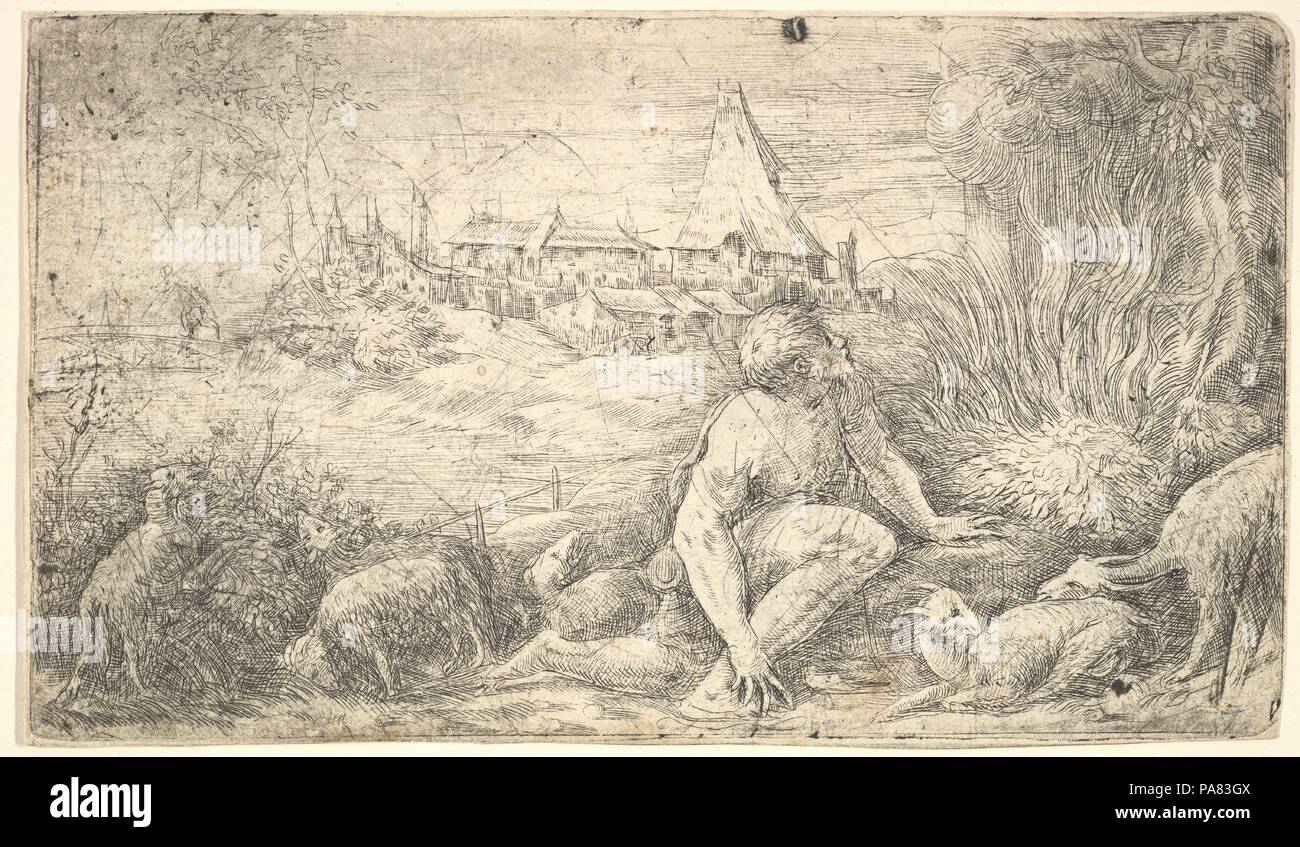 Moïse et le buisson ardent. Artiste : Andrea Schiavone (Andrea Meldola (Italien), Zadar (Zara) ca. 1510 ?-1563) de Venise. Fiche technique : Dimensions : 4 15/16 x 8 1/2 in. (12,5 x 21,6 cm). Date : ca. 1544-47. Musée : Metropolitan Museum of Art, New York, USA. Banque D'Images Moïse et le buisson ardent. Artiste : Andrea Schiavone (Andrea Meldola (Italien), Zadar (Zara) ca. 1510 ?-1563) de Venise. Fiche technique : Dimensions : 4 15/16 x 8 1/2 in. (12,5 x 21,6 cm). Date : ca. 1544-47. Musée : Metropolitan Museum of Art, New York, USA. Banque D'Images