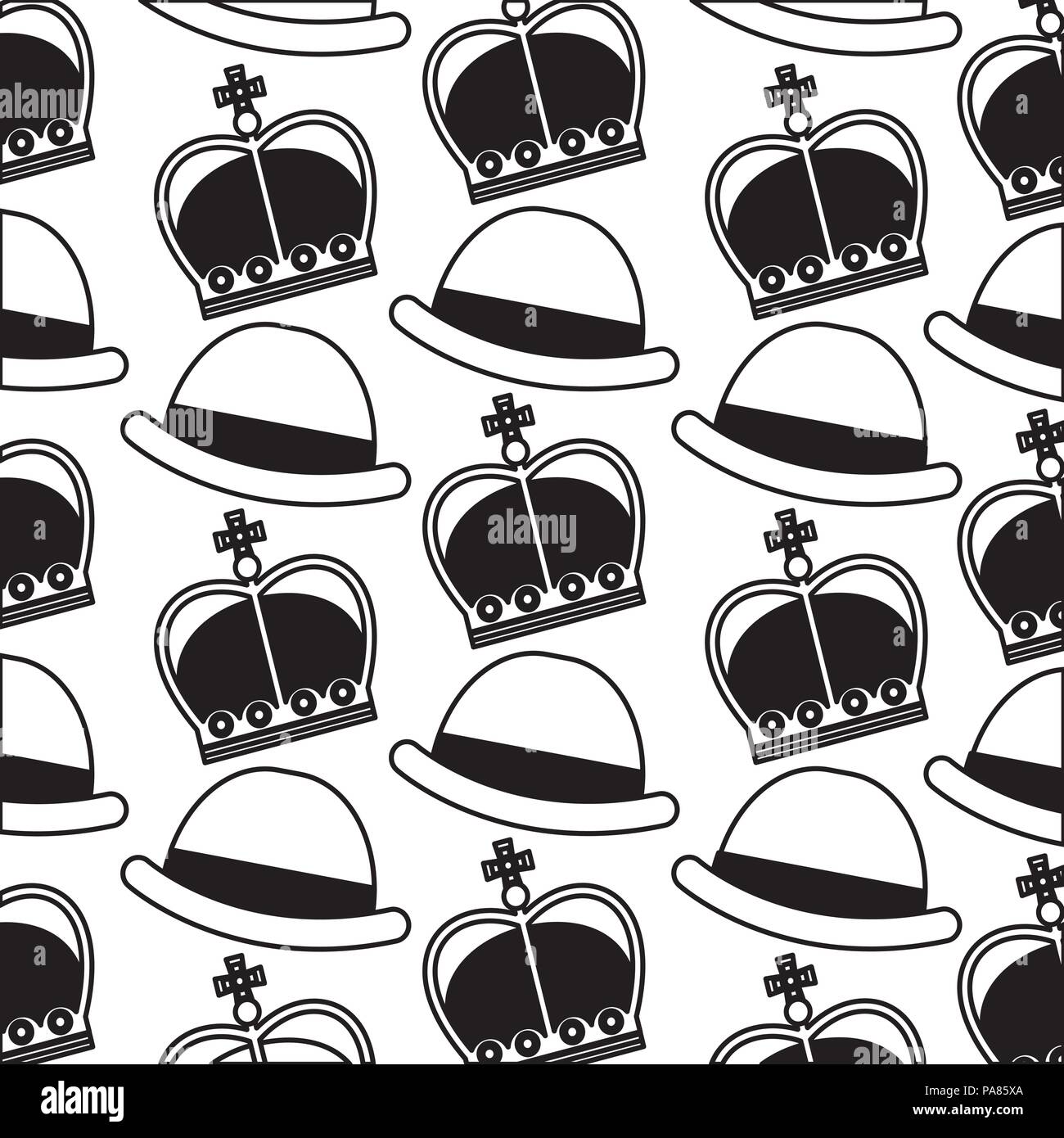 Chapeau melon anglais et le crown royal background vector illustration noir et blanc Illustration de Vecteur
