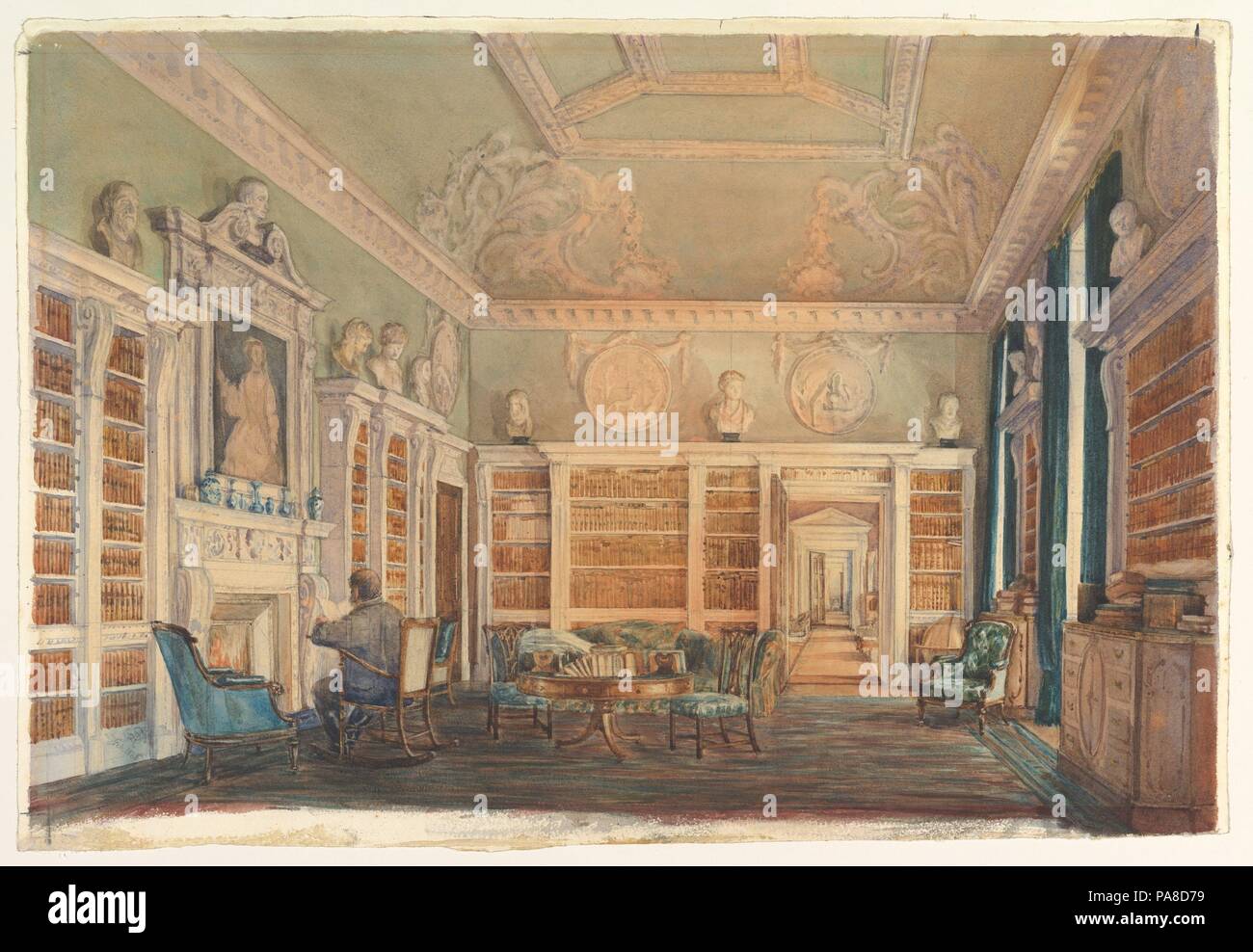 Vue de la bibliothèque, Kirtlington Park, l'Oxfordshire. Artiste : Susan Alice Dashwood (britannique, 1856-1922). Fiche technique : Dimensions : 12 x 18 1/4 à 3/16. (31 x 46,3 cm). Date : 1886. Ce dessin a été faite par Susan Alice Dashwood, un descendant de Sir James Dashwood (1715-1779), 2ème baronet, qui construit Kirtlington Park-une maison dont l'élégante salle à manger de style rococo est maintenant au Metropolitan Museum of Art, nous voyons ici la bibliothèque en 1886, en conservant son plafond d'origine et overmantle, avec ce dernier autour d'un portrait d'Elizabeth Spencer, la 2e femme du baronnet. À cette date, le domaine appartenait à th Banque D'Images
