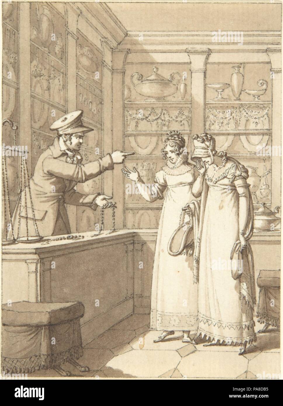 Conception pour une illustration de livre : deux femmes dans un magasin de jouet. Artiste : anonyme, l'allemand, 19e siècle. Dimensions : 3 5/8 x 2 11/16 in. (9,2 x 6,8 cm). Date : du 19e siècle. Musée : Metropolitan Museum of Art, New York, USA. Banque D'Images