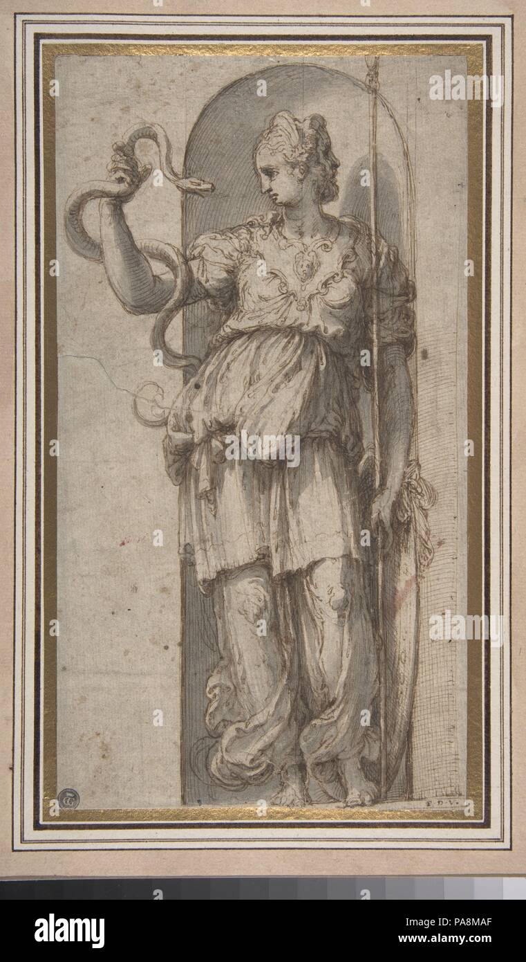 Pour l'étude figure allégorique de la prudence. Artiste : Perino del Vaga (Pietro Buonaccorsi (Italien), Florence Rome 1501-1547). Dimensions : 10 x 5 1/16 9/16in. (25.6 x 14.1cm). Date : 1501-47. Ce dessin d'une figure gracieuse, diaphanes en draperie gonflée se rapporte à une fresque de la Sala Paolina, la salle de réception du pape à Castel Sant'Angelo décoré par Perino et son atelier entre 1543 et 1548. C'est une étude à la prudence, à l'une des personnifications de la femelle les vertus qui apparaissent dans des créneaux entre le monumental de nombreuses présentations de scènes de la vie d'Alexandre le Grand . Comme l'étude Banque D'Images