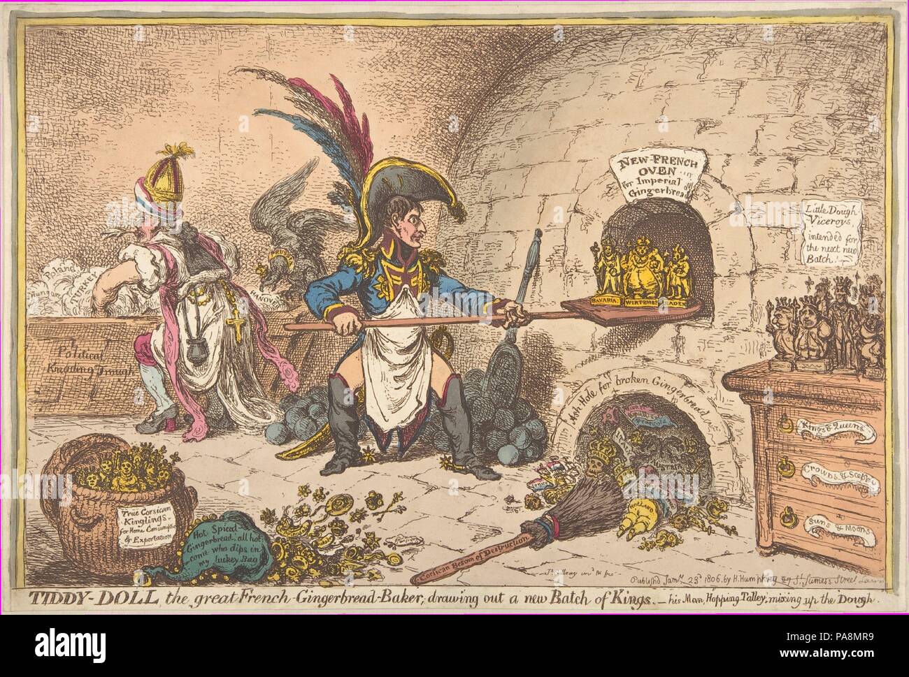 Tiddy-Doll French-Gingerbread, la Grande-Baker ; l'élaboration d'un nouveau lot de rois, son homme Hopping Talley, mélanger la pâte. Artiste : James Gillray (britannique, Chelsea 1756-1815 Londres). Fiche technique : Dimensions : 10 1/4 x 15 1/16 in. (26 x 38,3 cm). Editeur : Hannah Humphrey (Londres). Date : Janvier 23, 1806. L'image de Gillray prophétique Napoléon comme boulanger création fébrilement les monarques britanniques d'épice exprime l'anxiété au cours de la conquête rapide de l'empereur de l'Europe continentale et son évidente intention d'installer des proches et les favoris en position de pouvoir. Des rois de Bavière, Württemburg Banque D'Images