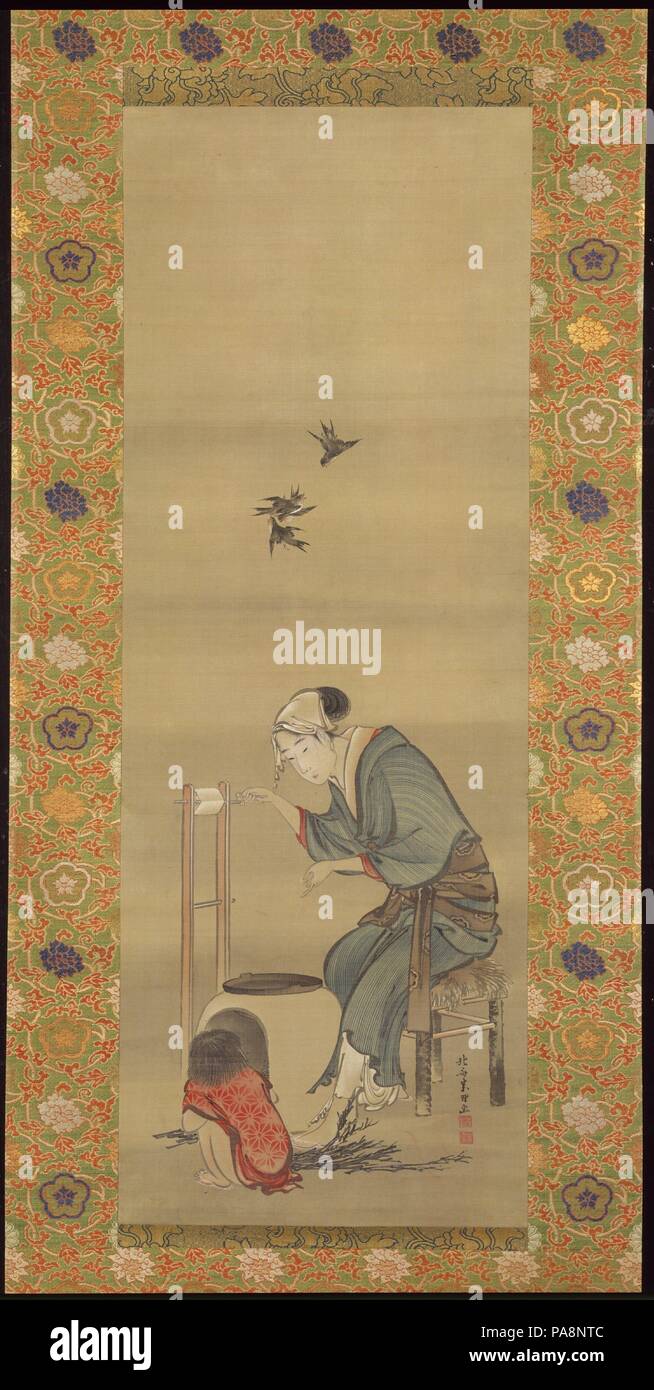 Woman Spinning Silk. Artiste : Katsushika Hokusai (Japonais, Tokyo (EDO) 1760-1849 Tokyo (EDO)). Culture : le Japon. Dimensions : Image : 33 3/4 x 12 5/16 in. (85,8 × 31,3 cm) dans l'ensemble avec support de montage : 67 × 5/16 12 5/16 in. (171 × 31,3 cm) dans l'ensemble avec les boutons : 67 × 5/16 19 1/8 in. (171 × 48,5 cm). Date : du 1790. Musée : Metropolitan Museum of Art, New York, USA. Banque D'Images