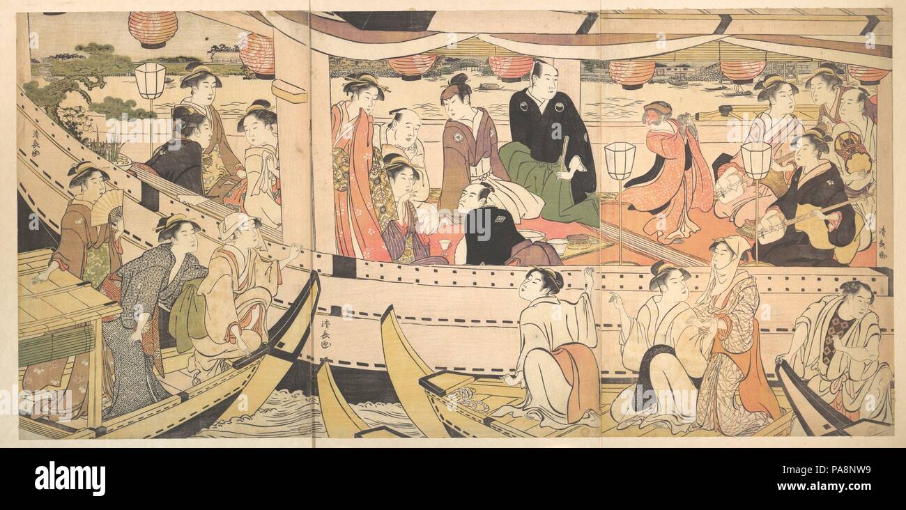 Bateau de plaisance sur la rivière Sumida. Artiste : Torii Kiyonaga (japonais, 1752-1815). Culture : le Japon. Dimensions : 14 x 10 3/4 in. (37,5 x 25,4 cm). Date : ca. 1788-90. Dans cette composition, acteurs de kabuki et les belles femmes assister à une fête sur un bateau couvert pendant un soir d'été. Plusieurs autres bateaux approche, leurs passagers excités dans l'espoir d'attraper un aperçu de la personne célèbre les artistes interprètes ou exécutants, qui sont divertis par un singe dansant. Décorations sur le beau bateau sont un arrangement floral ambitieux avec le pin, des iris, des pivoines et des lanternes de papier et de couleur. Musée : Metropolitan Museum of Art, Banque D'Images