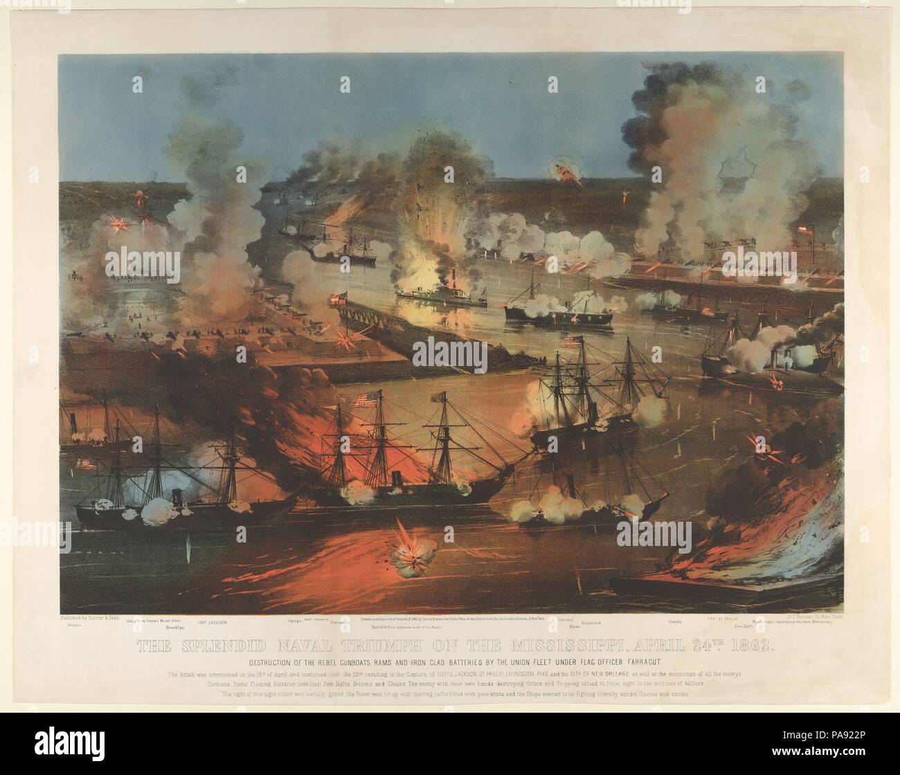 La splendide victoire navale sur le Mississippi, avril 24th, 1862 : Destruction de la Rebel canonnières, béliers et batteries de fer vêtu de l'Union flotte sous les ordres d'un officier général Farragut. Dimensions : Image : 15 7/8 x 22 1/4 in. (40,4 × 56,5 cm) feuille : 19 3/4 × 24 13/16 in. (50,2 × 63 cm). Editeur : Currier & Ives (États-Unis, actif à New York, 1857-1907). Date : 1862. Prendre le contrôle du fleuve Mississippi et des Confédérés étaient les principaux objectifs de l'Union européenne à partir du début de la guerre civile, et a conduit le président Abraham Lincoln pour déclarer un blocus de ports du Sud en avril 1861. Cette impression d'enregistrements d'un nord de l'assau Banque D'Images