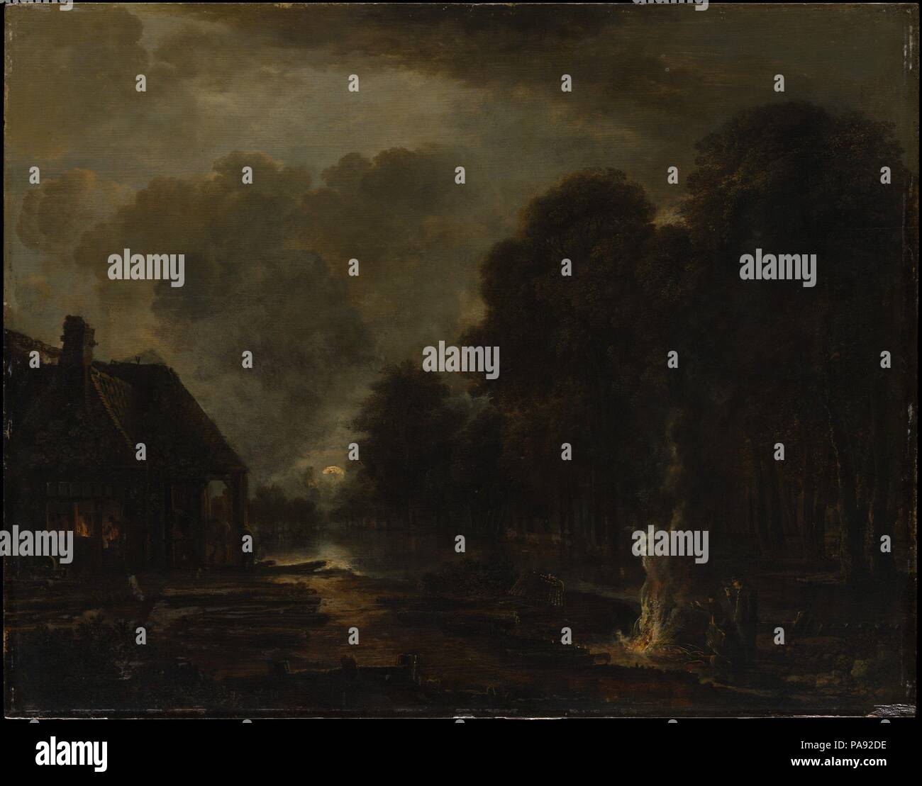 Le maréchal-ferrant. Artiste : Aert van der Neer (Néerlandais, Gorinchem 1603/4-1677 Amsterdam). Dimensions : 19 x 24 1/8 in. (48,3 x 61,3 cm). Date : début ou mi-1650s. Van der Neer était préoccupé avec les effets de lumière dans la nature l'a conduit à peindre des dizaines de vues nocturnes. Dans ce cas, la lumière chaude d'une forge et un feu déclenché la lueur froide et réflexions de la lune. Musée : Metropolitan Museum of Art, New York, USA. Banque D'Images
