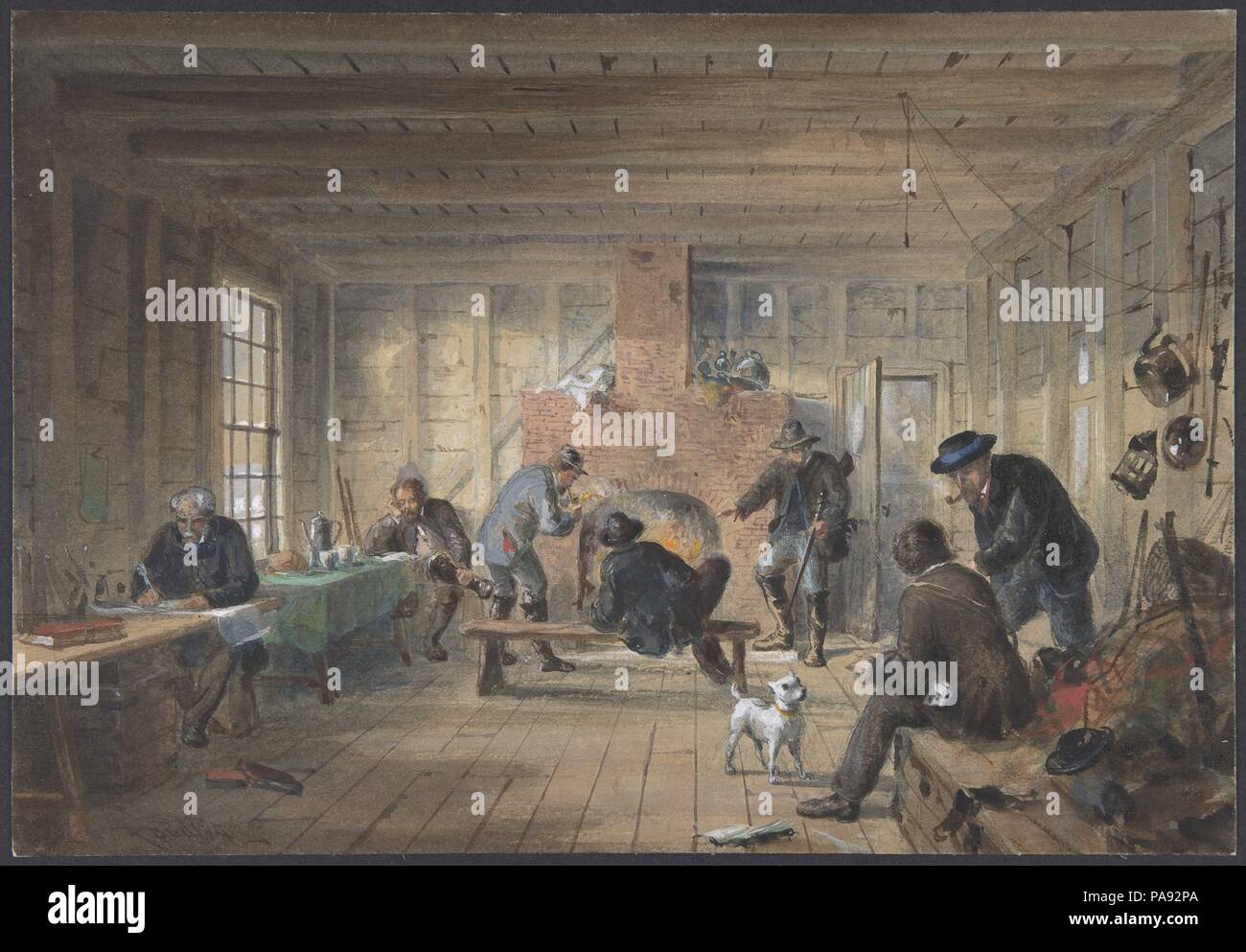 Telegraph House, Trinity Bay (Terre-Neuve) : Vue de l'intérieur du réfectoire, 1858. Artiste : Charles Robert Dudley (britannique, 1826-1909). Fiche Technique : Dimensions : 6 1/2 x 9 7/16 in. (16,5 × 24 cm). Date : 1865-1866. L'un des grands du 19e siècle les réalisations technologiques était de jeter un câble télégraphique sous l'Atlantique, ce qui permet d'accélérer les messages entre l'Amérique et l'Europe en quelques minutes, au lieu de dix ou douze jours par vapeur. Au départ, une tentative réussie en 1858, dirigée par Cyrus W. Champ et financé par la compagnie de télégraphe de l'Atlantique, a échoué au bout de trois semaines. Deux câbles de travail Banque D'Images