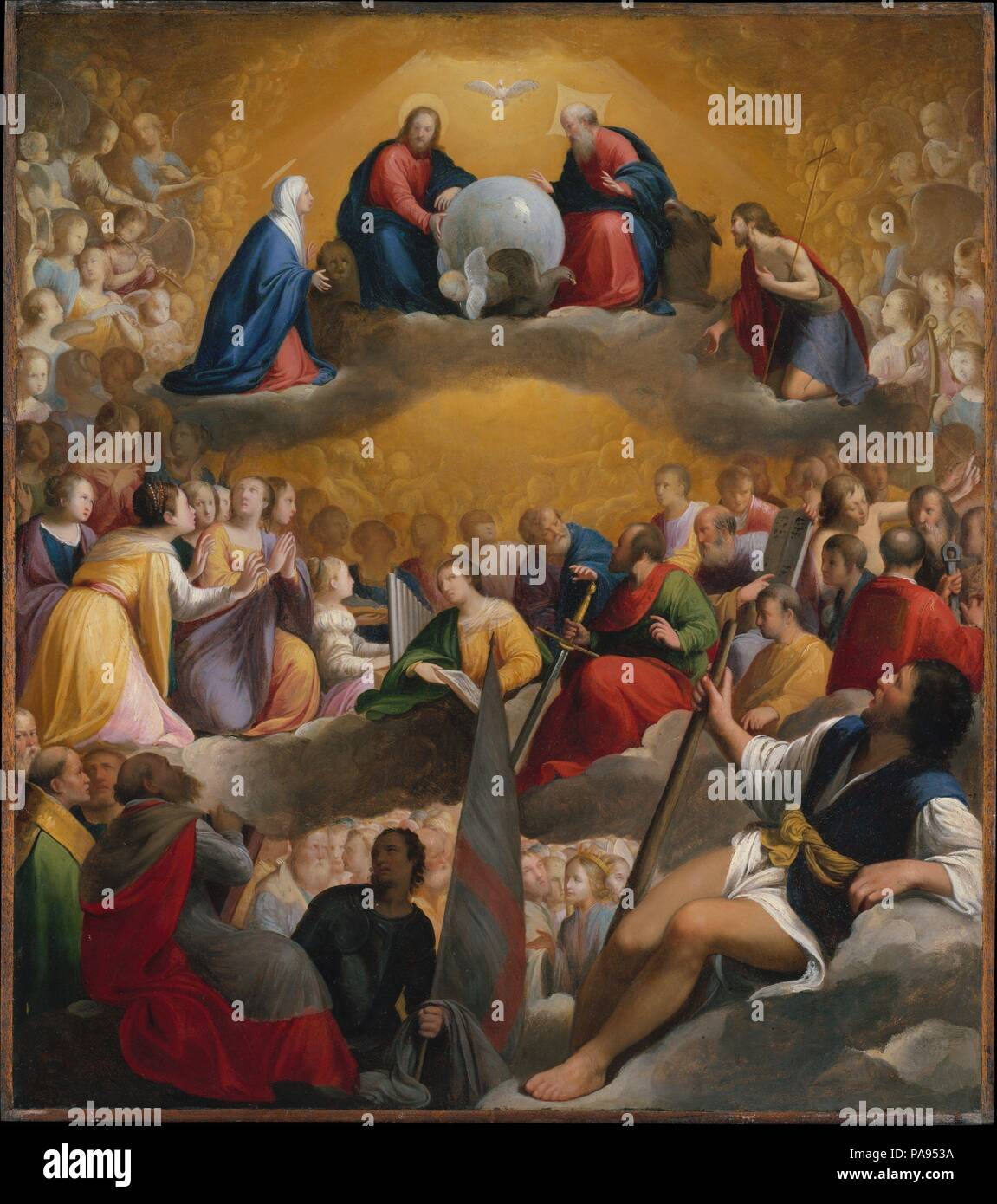 Le paradis. Artiste : Carlo Saraceni (1579 ?-1620). Dimensions : Hors tout 21 3/8 x 18 7/8 in. (54,3 x 47,9 cm) ; surface peinte 20 7/8 x 18 3/8 in. (53 x 46,7 cm). Date : ca. 1598. Dans cette scène, qui représente le paradis, le Christ et Dieu le Père sont au-dessus, entouré par les symboles des évangélistes et encadré par la Vierge et Saint Jean le Baptiste. Les chiffres représentent l'avant-plan (à gauche) les Docteurs de l'Eglise, (centre) Saint George et Saint Christophe (à droite). Il est probable que l'homme à partir de bas à gauche peut être un portrait de l'original (non identifiés) d'honneur. S Banque D'Images