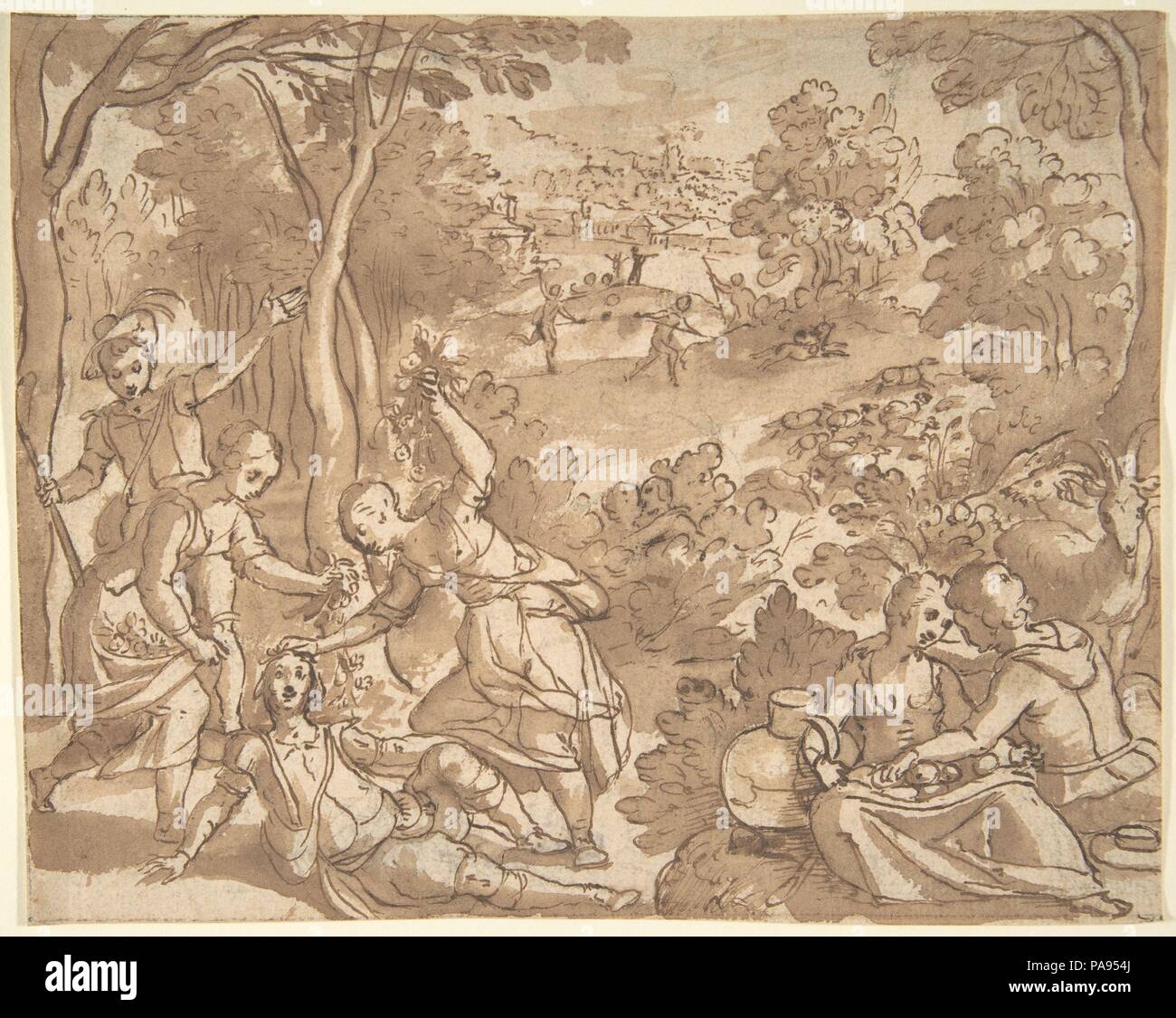 Paysage avec des amoureux et des chasseurs. Artiste : Adam van Noort (flamande, Anvers Anvers 1561-1641). Fiche technique : Dimensions : 7 1/16 x 8 13/16 in. (18 x 22,4 cm). Date : n.d.. Musée : Metropolitan Museum of Art, New York, USA. Banque D'Images