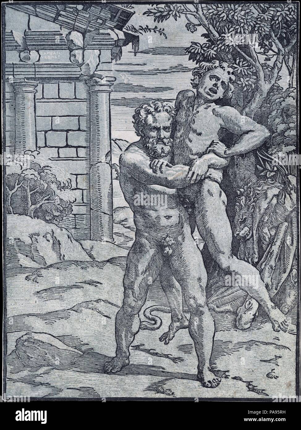 Hercule et Antée. Artiste : Après Raphael (Raffaello Sanzio ou Santi) (Italien, Urbino 1483-1520 Rome) ; Ugo da Carpi (italien, Carpi ca. Bologne 1480-1532). Fiche Technique : Dimensions : 11 x 8 7/8 à 15/16. (30,3 x 22,6 cm). Date : 1510-30. Ugo da Carpi a été l'un des plus grands fabricants de bois gravés travaillant en Italie dans la première moitié du xvie siècle. Il traduit en clair-obscur imprime les dessins de Raphaël, Parmigianino, et d'autres. La composition actuelle avait été gravée par Marcantonio Raimondi, le célèbre graveur actif à Rome dans le premier trimestre du seizième siècle. Ca Banque D'Images
