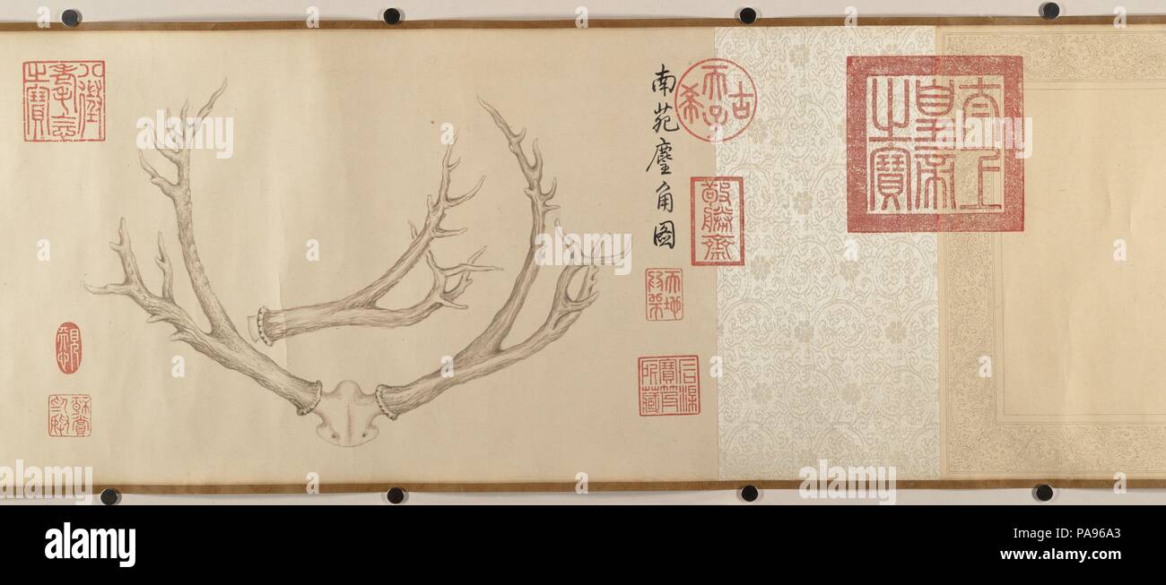 Deux peintures de bois de cerf. Artiste : empereur Qianlong (chinois, (1711-1799 ; r. 1736-95)). Culture : la Chine. Dimensions : a : 9 3/4 x 81 1/4 in. (24,8 × 206,4 cm) b : 9 7/8 × 81 1/4 in. (25,1 × 206,4 cm). Date : du 1762 et 1767. L'empereur Qianlong appliquée tant la calligraphie et la peinture comme un moyen d'identifier lui-même avec des lettrés chinois idéaux de l'auto-culture. Cependant, le sujet de ces deux manuscrits révèle sa volonté concomitante de s'aligner avec Manchu traditions de chasse. En outre, le rendu réaliste de texture et de forme tridimensionnelle reflète l'influence Banque D'Images