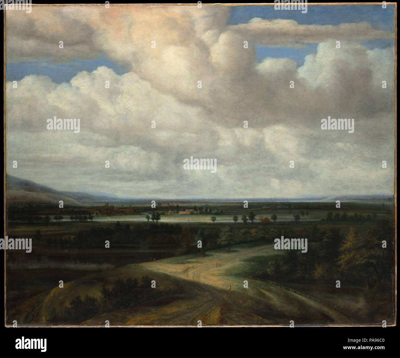 Un paysage panoramique avec une propriété de campagne. Artiste : Philips Koninck (Néerlandais, Amsterdam Amsterdam 1619-1688). Dimensions : 56 3/8 x 68 1/4 in. (143,2 x 173,4 cm). Date : ca. 1649. Cet ambitieux travail est une des premières compositions de l'artiste sur une grande échelle. Le premier plan est un peu maladroitement, mais la plaine ensoleillée dans la distance semble annoncer la maturité de Koninck style de peinture de paysage panoramique. Paysage hollandais plus tôt et les peintres avaient interrogés d'une vue panoramique sur la terre et le ciel, mais Koninck (qui savait bien Rembrandt) introduit des contrastes de lumière et d'ombre et un Banque D'Images
