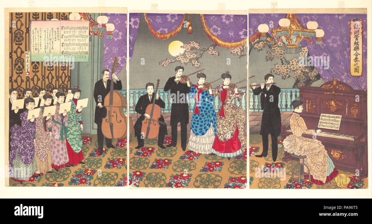 Concert de musique européenne (kangengaku d'Oshu gasso no zu). Artiste : Yoshu Chikanobu (Hashimoto), japonais (1838-1912). Culture : le Japon. Dimensions : Image : 14 1/2 x 29 in. (36,8 x 73,7 cm). Date : 1889. Au cours de la modernisation du Japon à la période Meiji, les récitals de musique européenne étaient parmi les douanes nouvellement importés. Les deux femmes violonistes sont mis à part des chanteurs par leurs Corsages Corsages, réunis à la taille de se répartir sur une partie de l'aire, un style qui apparaît fréquemment dans la mode illustrée entre 1885 et 1887. Musée : Metropolitan Museum of Art, New York, USA. Banque D'Images