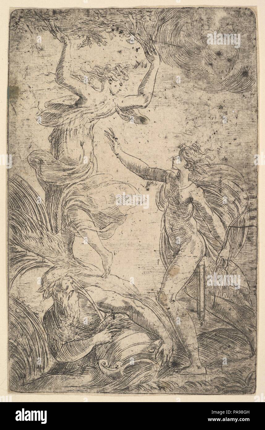 Apollon à droite tenant un arc chasse à gauche. Daphne Artiste : Andrea Schiavone (Andrea Meldola (Italien), Zadar (Zara) ca. 1510 ?-1563) de Venise. Fiche technique : Dimensions : 6 x 3 5/16 15/16 in. (16 x 10 cm). Date : ca. 1538-40. Musée : Metropolitan Museum of Art, New York, USA. Banque D'Images Apollon à droite tenant un arc chasse à gauche. Daphne Artiste : Andrea Schiavone (Andrea Meldola (Italien), Zadar (Zara) ca. 1510 ?-1563) de Venise. Fiche technique : Dimensions : 6 x 3 5/16 15/16 in. (16 x 10 cm). Date : ca. 1538-40. Musée : Metropolitan Museum of Art, New York, USA. Banque D'Images