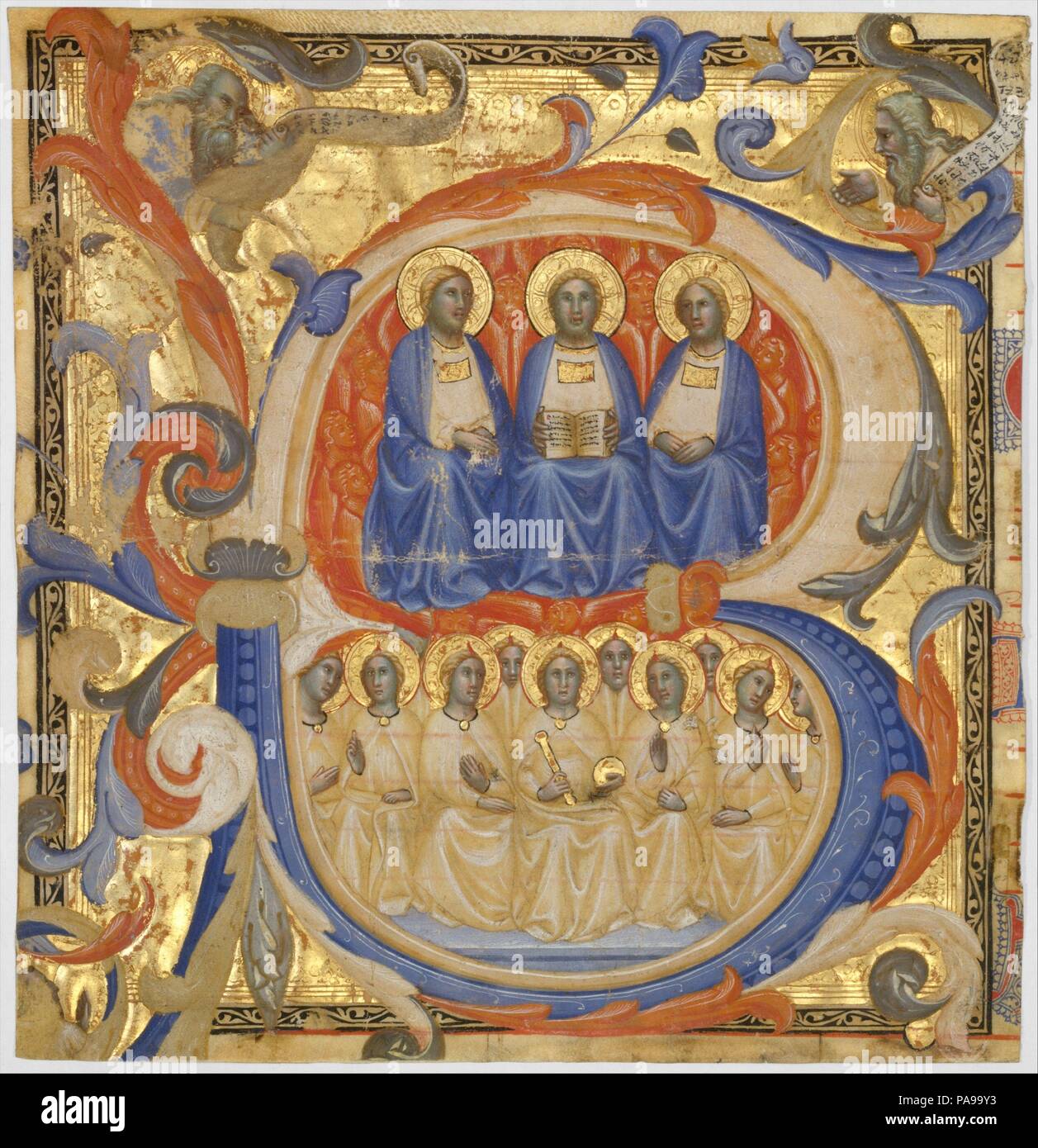 La Trinité dans un premier B. Artist : Capitaine du Codex (Rossiano, Siennois ca active. 1380-1400). Culture : L'Italien, Sienne. Dimensions : Coupe : 10 9/16 x 10 1/16 in. (26.8 x 25.5cm) : 10 x 9 Initiale 9/16 in. (25.4 x 24.3cm) discontinue : 1 7/16 in. (3,6 cm). Date : 1387 probablement. La première B marque le début de l'introit de la Messe pour le dimanche de la trinité : Benedicta sit sancta Trinitas ('Bénie soit la Sainte Trinité"). Dans la moitié supérieure de la première, les trois personnes de la Trinité sont assis sur un trône de séraphins rouge, et au-dessous d'elles sont dix anges vêtus de blanc. Dans les coins supérieurs de t Banque D'Images