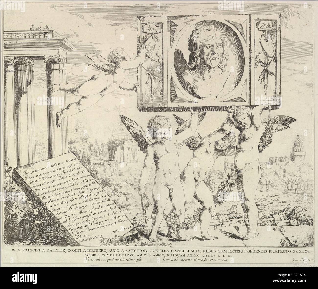 À titre d'ensemble de quatre tirages (plus cette page de titre) de fresques par Andrea Mantegna dans la Chapelle Ovetari de l'église de l'Eremitani, Padoue. Artiste : Giovanni David (Italien, Cabella Ligure Gênes 1749-1790) ; conçu par l'école d'Andrea Mantegna (Italien, Isola di Carturo 1430/31-1506 Mantoue). Fiche technique : Dimensions : 12 5/8 x 15 1/8 in. (32 x 38,4 cm) boîte à platemark. Date : 1776. Musée : Metropolitan Museum of Art, New York, USA. Banque D'Images À titre d'ensemble de quatre tirages (plus cette page de titre) de fresques par Andrea Mantegna dans la Chapelle Ovetari de l'église de l'Eremitani, Padoue. Artiste : Giovanni David (Italien, Cabella Ligure Gênes 1749-1790) ; conçu par l'école d'Andrea Mantegna (Italien, Isola di Carturo 1430/31-1506 Mantoue). Fiche technique : Dimensions : 12 5/8 x 15 1/8 in. (32 x 38,4 cm) boîte à platemark. Date : 1776. Musée : Metropolitan Museum of Art, New York, USA. Banque D'Images