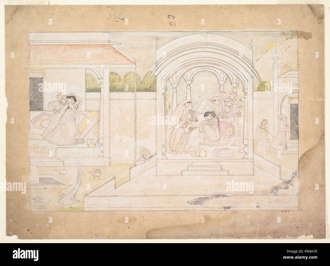 Le bonheur conjugal de Nala et Damayanti a : folio d'un Nala-Damayanti série. Artiste : Première génération après Manaku et Nainsukh ; attribué à Ranjha. Culture : l'Inde, de Kangra (Himachal Pradesh). Dimensions : Page : 11 1/2 x 15 9/16 in. (29,2 x 39,5 cm) de droit : 8 3/4 x 13 1/8 in. (22,2 x 33,3 cm). Date : ca. 1800-10. Dans cette peinture basé sur le poème de l'Naishadhacharita Shrisharsh,, le bonheur conjugal de Nala et Damayanti a est décrite. C'est l'un d'un grand groupe d'images qui est resté inachevé, mais néanmoins sont parmi les œuvres les plus accomplis de la première génération après Manaku Banque D'Images
