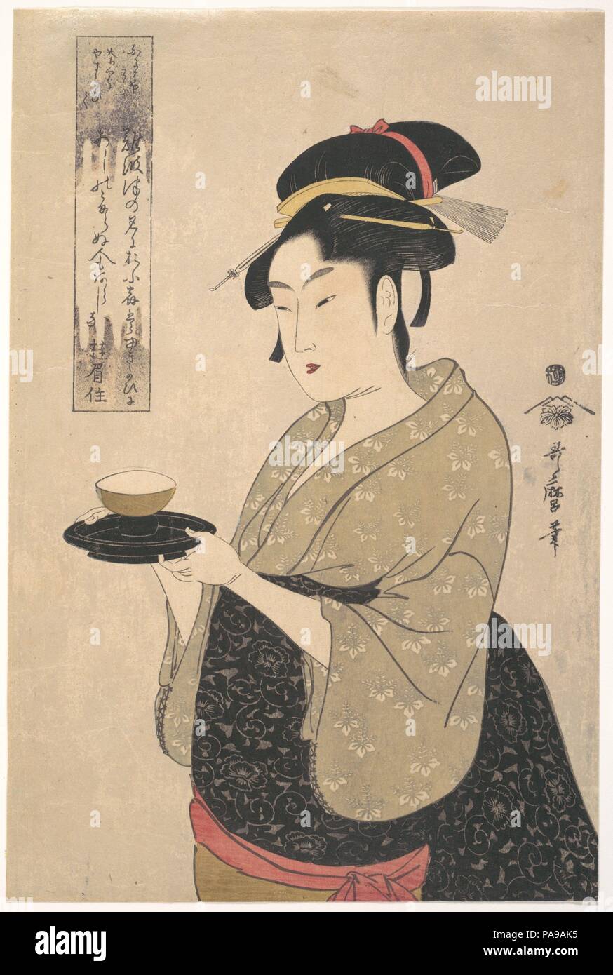 Okita du Naniwa-ya-thé maison. Artiste : Kitagawa Utamaro (Japonais, ca. 1754-1806). Culture : le Japon. Dimensions : H. 14 à 5/16. (36,4 cm) ; W. 9 1/2 in. (24,1 cm). Date : vers 1790. Musée : Metropolitan Museum of Art, New York, USA. Banque D'Images