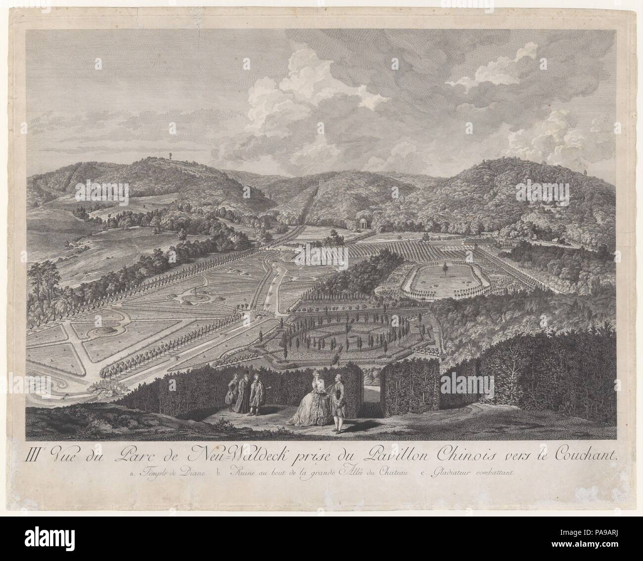 IIIe Vue du Parc de Neu-Waldeck et faire levier vers le couchant, à partir d'une vue sur le parc et les jardins du maréchal comte de Lacy à Neu-Platz. Artiste : Jakob Matthias Schmutzer (Vienne, Autriche Vienne 1733-1811) ; Carl Conti (Vienne, Autriche Vienne 1740-1795) ; Clemens Kohl (autrichienne, Prague 1754-1807 Vienne) ; Franz Karl Zoller (Klagenfurt 1747-1829 Innsbruck). Fiche technique : Dimensions : 20 x 25 3/4 à 9/16. (52,2 x 65,4 cm) plaque : 20 x 25 3/8 à 3/16. (51,2 x 64,5 cm). Date : 1782. Musée : Metropolitan Museum of Art, New York, USA. Banque D'Images