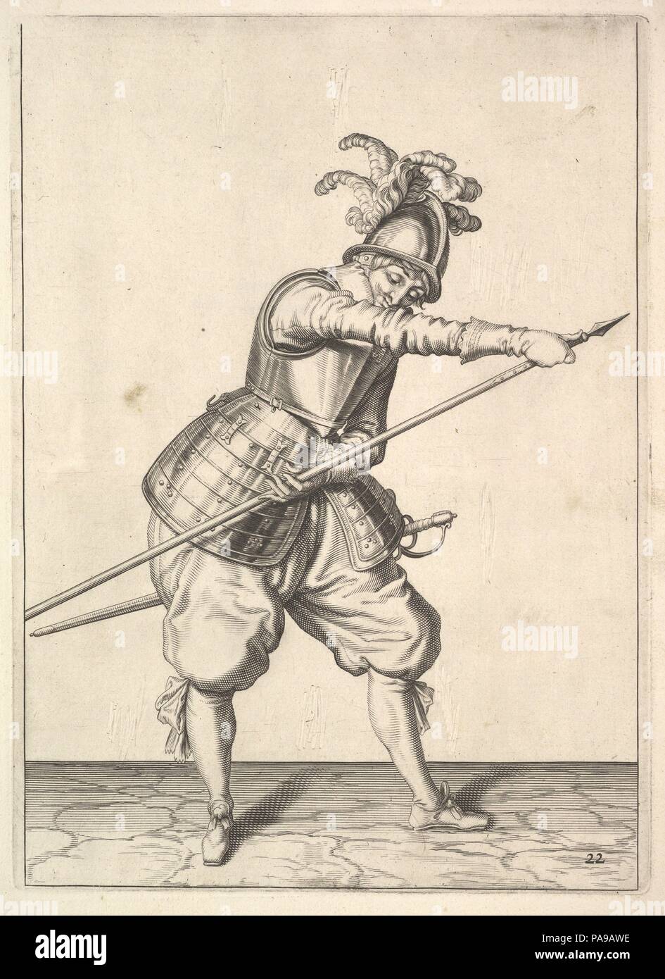 Un soldat faisant glisser sa main droite le long de la formation, du brochet de Lansquenets, série 22 de la plaque, en Wapenhandelinghe Roers van Musquetten Ende Spiessen (l'exercice d'armes). Artiste : après Jacques de Gheyn II (Anvers, Russisch 1565-1629 La Haye) ; atelier de Jacques de Gheyn II (Anvers, Russisch 1565-1629 La Haye). Dimensions : Plateau : 10 7/16 x 7 5/8 in. 26,5 x 19,3 cm (feuille) : 13 7/8 x 10 5/8 in. (35,2 x 27 cm). Series/portefeuille : Wapenhandelinghe Roers van Musquetten Ende Spiessen (l'exercice d'armes). À partir d'une série de 117 plaques numérotées à partir de l'exercice militaire manuel, 'W Banque D'Images