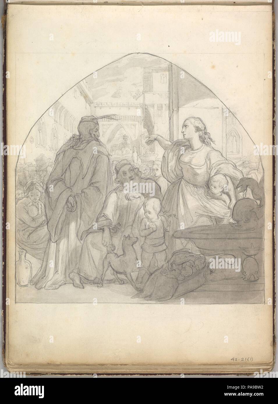 Scène dans une ville italienne avec les chiffres près de fontaine (dans carnet de croquis avec des dessins sur vingt-six feuilles). Artiste : Frédéric, Lord Leighton (British, Scarborough 1830-1896 Londres). Fiche Technique Dimensions : (page) : 7 7/8 x 10 7/8 in. (20 x 27,6 cm). Date : ca. 1849. Musée : Metropolitan Museum of Art, New York, USA. Banque D'Images
