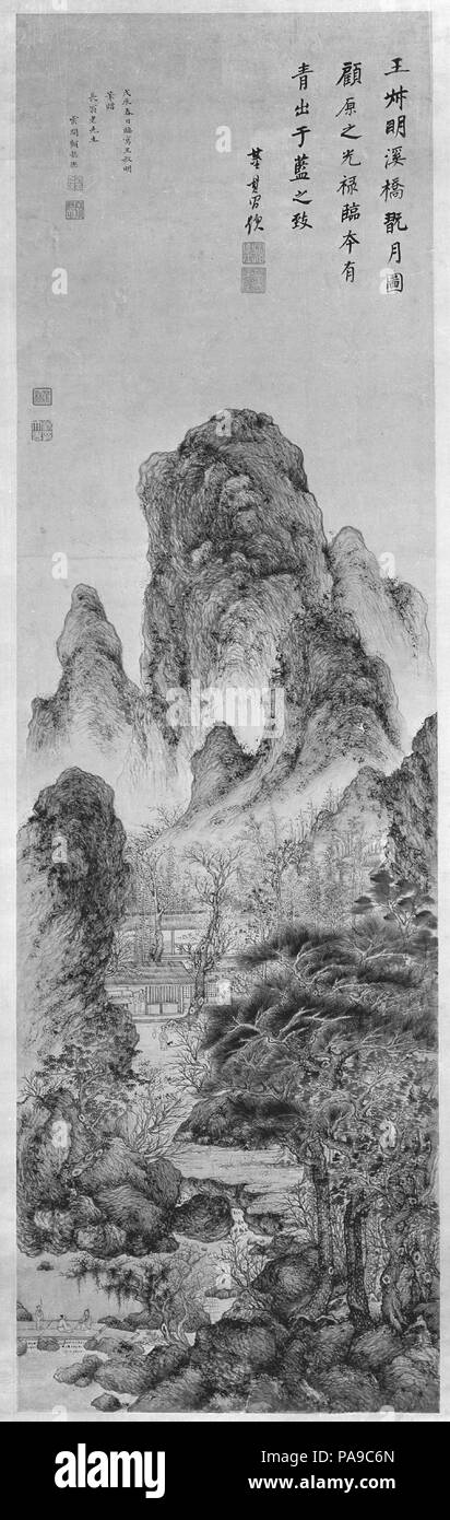 Profitant de la Lune : Paysage de la manière de Wang Meng. Artiste : Gu Yide (active ca. 1620-1630). Culture : la Chine. Dimensions : Image : 61 x 18 1/4 in. (154,9 x 46,4 cm) avec fixation : 123 3/4 x 26 3/4 in. (314,3 x 67,9 cm) dans l'ensemble avec les boutons : 123 3/4 x 31 in. (314,3 x 78,7 cm). Date : du 1628. Musée : Metropolitan Museum of Art, New York, USA. Banque D'Images