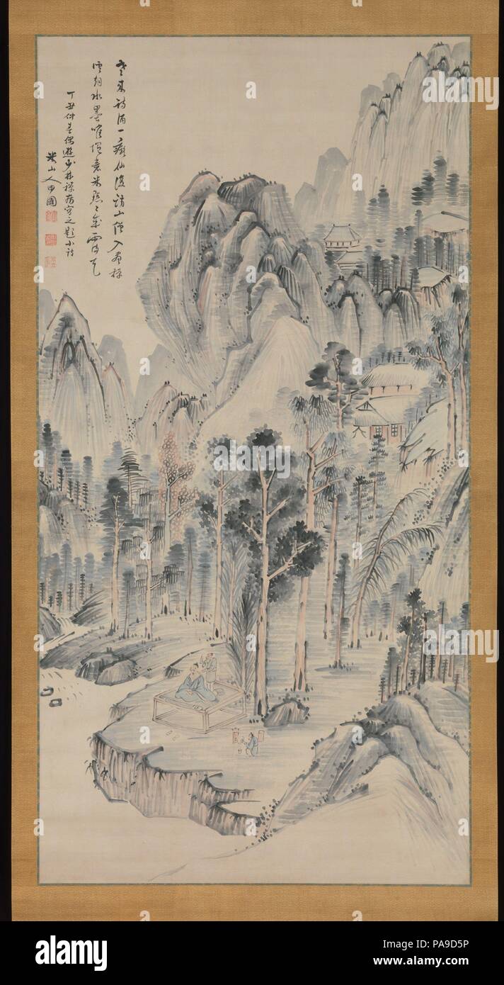 Le Shorinji Temple. Artiste : Okada Beisanjin (japonais, 1744-1820). Culture : le Japon. Dimensions : Image : 70 1/8 x 35 5/8 in. (178,1 x 90,5 cm) Total : 91 x 43 1/4in. (231,1 x 109,9 cm). Date : 1817. Par fancifully réinterpréter ce temple Zen près de Osaka comme retraite chinois, Beisanjin révèle habilement le cœur et l'âme du site, en particulier son patrimoine culturel. Un marchand de riz à Osaka connu pour son amour de l'apprentissage, Beisanjin était un peintre amateur dont les clignotements rapides d'insight ont été profondément admiré tant par ses contemporains et, plus tard, les artistes lettrés. Le pinceau à motifs et dans l'ensemble Banque D'Images