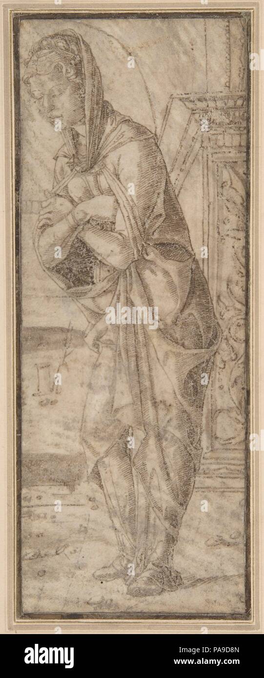 La Vierge déclenche. Artiste : Anonyme, Italien, Ferrarese, 15ème siècle. Dimensions : 8 1/8 x 3 3/16 in. (20.8 x 7.9cm). Date : 1470-80. Faisant face à droite avec les yeux fermés, prêts à saisir le message de l'Annonciation, la Vierge Marie ici se tient sous une voûte décorée d'une frise classique. Elle est enveloppée dans un long manteau défini par télévision, large, plis métalliques qui ont un caractère nettement Ferrarese, tout comme son visage carré et d'une large part. L'utilisation précise du stylo et de l'encre sur parchemin rend ce dessin presque comparable dans la netteté d'une impression. L'auteur de la feuille est encore inconnue Banque D'Images