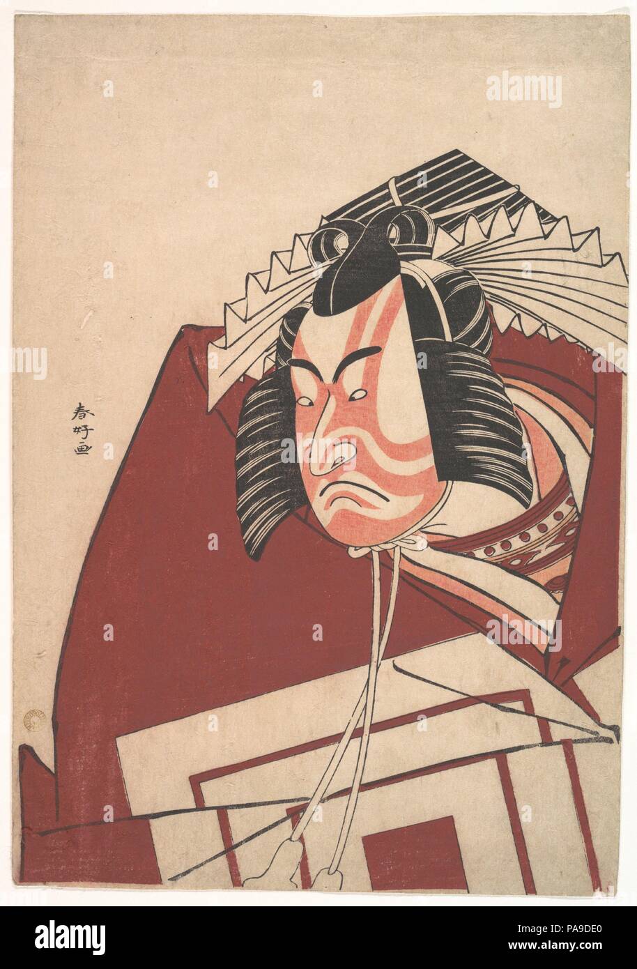 V Ichikawa Danjuro Shibaraku dans une performance. Artiste : Katsukawa Shunko (japonais, 1743-1812). Culture : le Japon. Dimensions : H. 12 11/16 in. (32,2 cm) ; W. 8 3/4 in. (22,2 cm). Date : ca. 1789. La famille Ichikawa était réputé pour jouer "hibaraku héroïque !' les rôles. Montré ici dans une telle performance, Danjuro kaki porte une robe rouge avec un énorme emblème familial de trois carrés imbriqués (mimasu) sur chacune de ses grandes manches. Son visage montre des lignes rouges sur le maquillage blanc, et il porte une perruque bizarre. Shunko dépeint Danjuro V substitution une pose (MRA) à un moment pour faire une puissante impression sur l'ua Banque D'Images