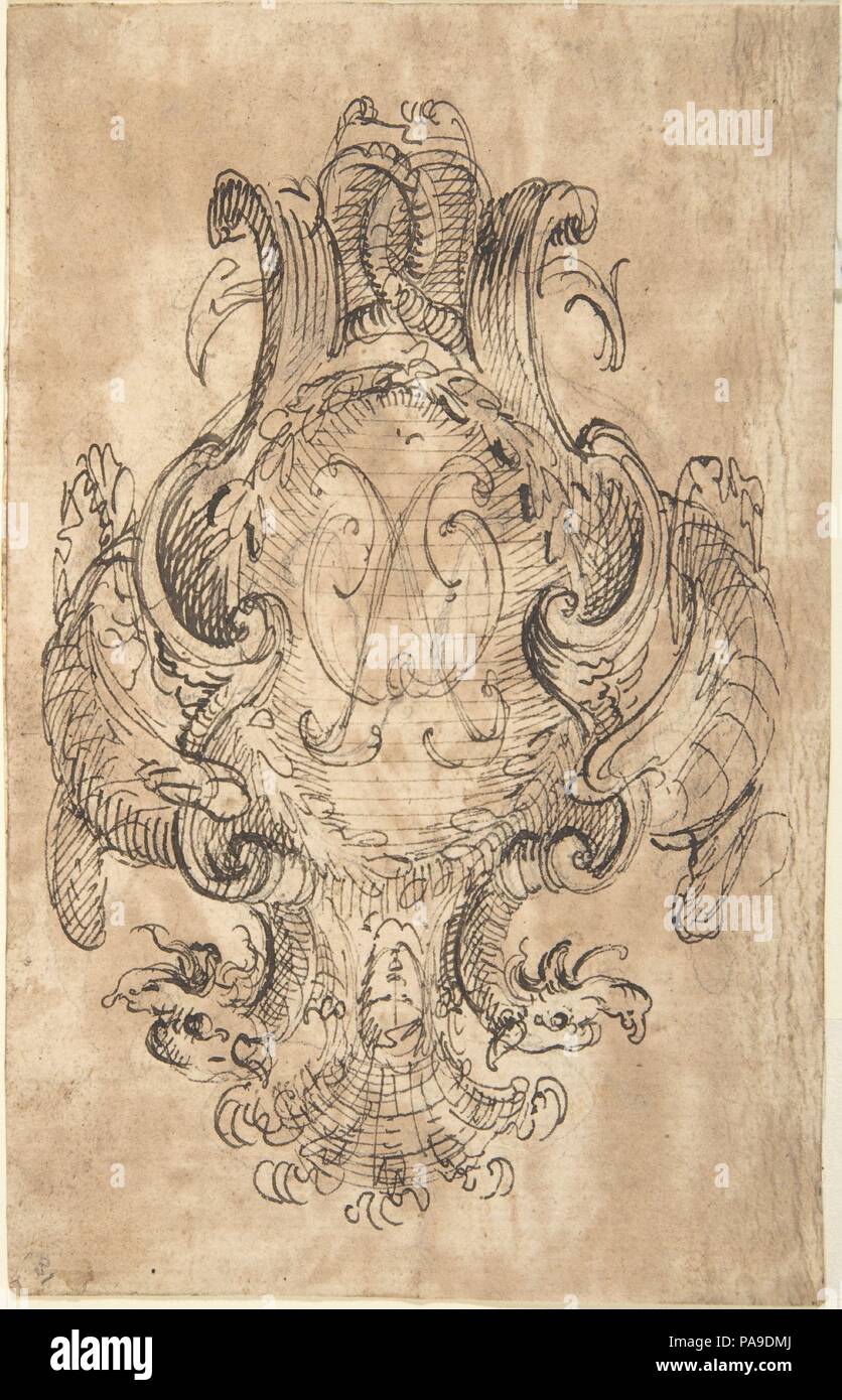 Conception d'un blason avec deux Dragons et initiales [ ?] dans le centre  (recto) ; trois cercles construits avec des inscriptions (verso). Artiste :  Anonyme, italien, le Piémontais, 18ème siècle. Dimensions :