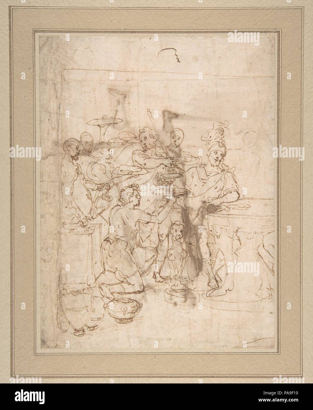 Scène du banquet : un guerrier assis assisté par un certain nombre de fonctionnaires (recto) ; vue arrière d'un homme debout dans un long manteau (verso). Artiste : Cesare Nebbia (Italien, Orvieto ca. 1536-1614 Orvieto). Dimensions : 11 x 8 1/4''. (27,9 x 21cm). Date : 1536-1614. Musée : Metropolitan Museum of Art, New York, USA. Banque D'Images
