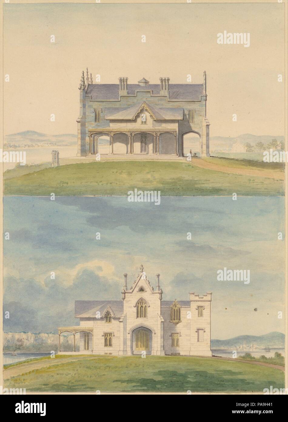 Knoll pour William et Philip R. Paulding, Tarrytown (sud et est [avant] élévations). Artiste : Alexander Jackson Davis (américain, New York 1803-1892 West Orange, New Jersey). Dimensions : image : 11 x 8 in. (27,9 x 20,3 cm) feuille : 14 1/4 x 10 3/16 po. (36,2 x 25,9 cm). Date : 1838. Musée : Metropolitan Museum of Art, New York, USA. Banque D'Images