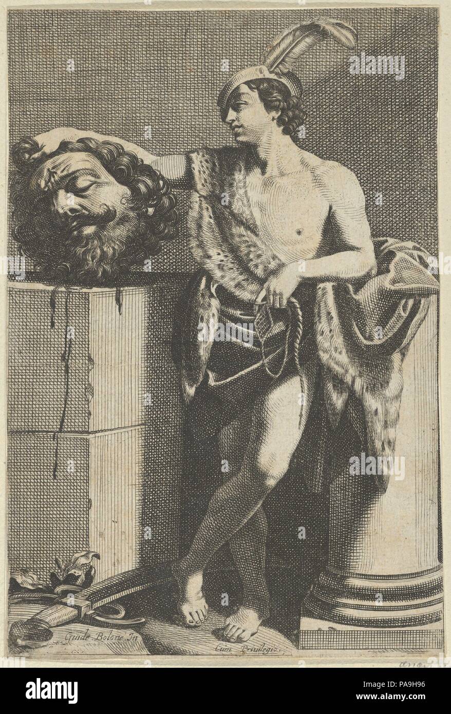 David debout avec les jambes croisées et tenant la tête de Goliath sur un piédestal à gauche, une épée sur le sol, après Reni. Artiste : anonyme ; après l'italien Guido Reni (1575-1642), Bologne Bologne. Fiche Technique Dimensions : (découpés) : 9 1/16 in. × 6 in. (23 × 15,2 cm). Date : 1600-1700. D'après une peinture par Reni. Voir 17.3.1013 pour une autre impression de cette impression avec l'inscription complète. Verso non visible que l'impression est mis sur une autre feuille de papier. Musée : Metropolitan Museum of Art, New York, USA. Banque D'Images