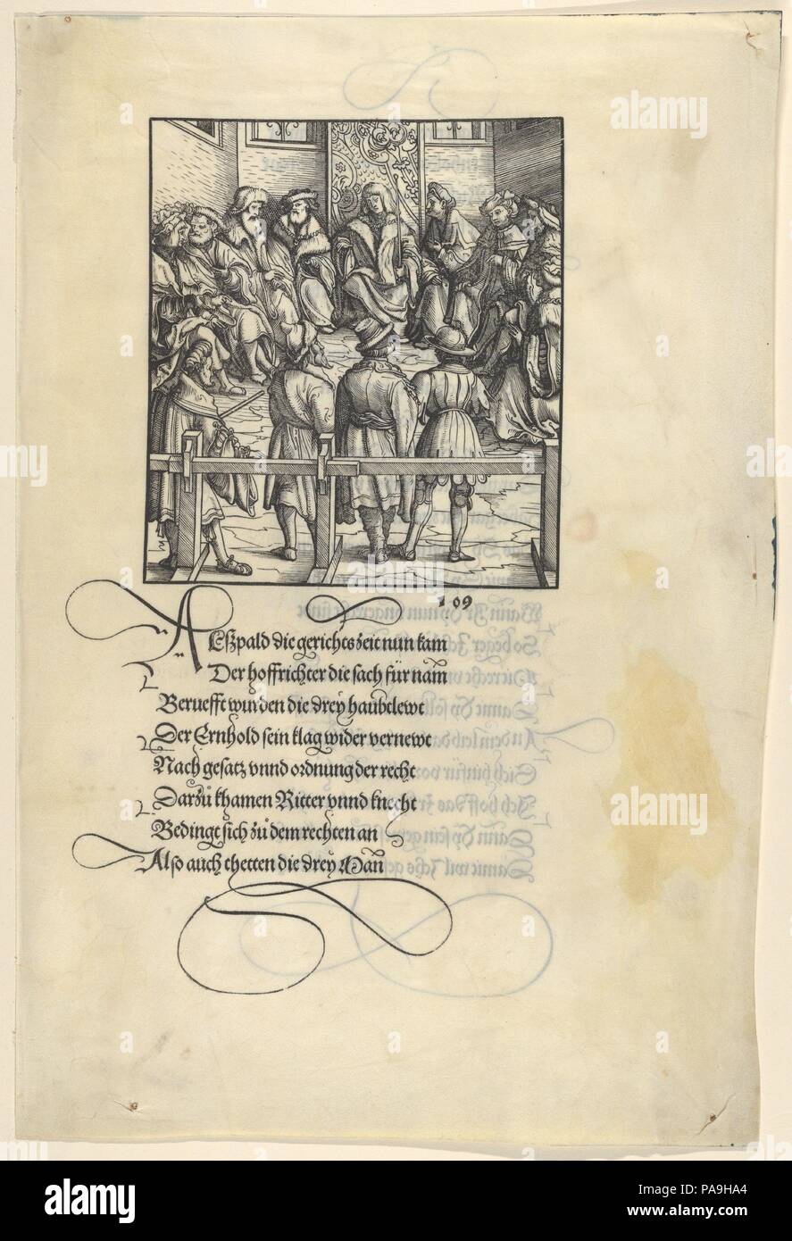 Trois capitaines élevé de jugement, de Justus] geuerlicheiten [Die vnd einsteils streytparen geschichten der loblichen hochberümbten des ordinateurs de vnd vnd Ritters herr Tewrdannckhs. Artiste : Hans Burgkmair (allemand, Augsburg Augsbourg 1473-1531) ; type design par Vincenz Rockner (allemand). Auteur : Écrit par Melchior Pfintzing (allemand). Fiche Technique : Dimensions : 14 3/4 x 9 15/16 in. (37,4 × 25,3 cm). Graveur : Jost de Negker (1480-1546). Imprimante : Imprimé à Nuremberg par Hans Schönsperger l'ancien (allemand, Augsbourg 1481-1520 actif). Portefeuille série/geuerlicheiten einsteils : Die geschichten der vnd Banque D'Images