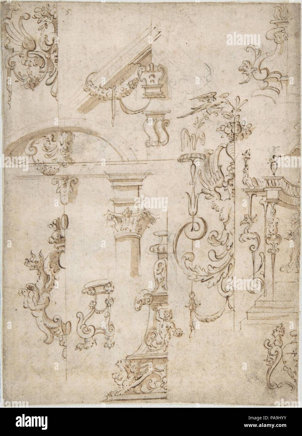 Croquis d'ornement avec un Griffon et éléments architecturaux. Artiste : Anonymous, le français, 16ème siècle. Dimensions : 8 x 5 13/16 in. (20,3 x 14,8 cm). Date : le 16ème siècle. Musée : Metropolitan Museum of Art, New York, USA. Banque D'Images