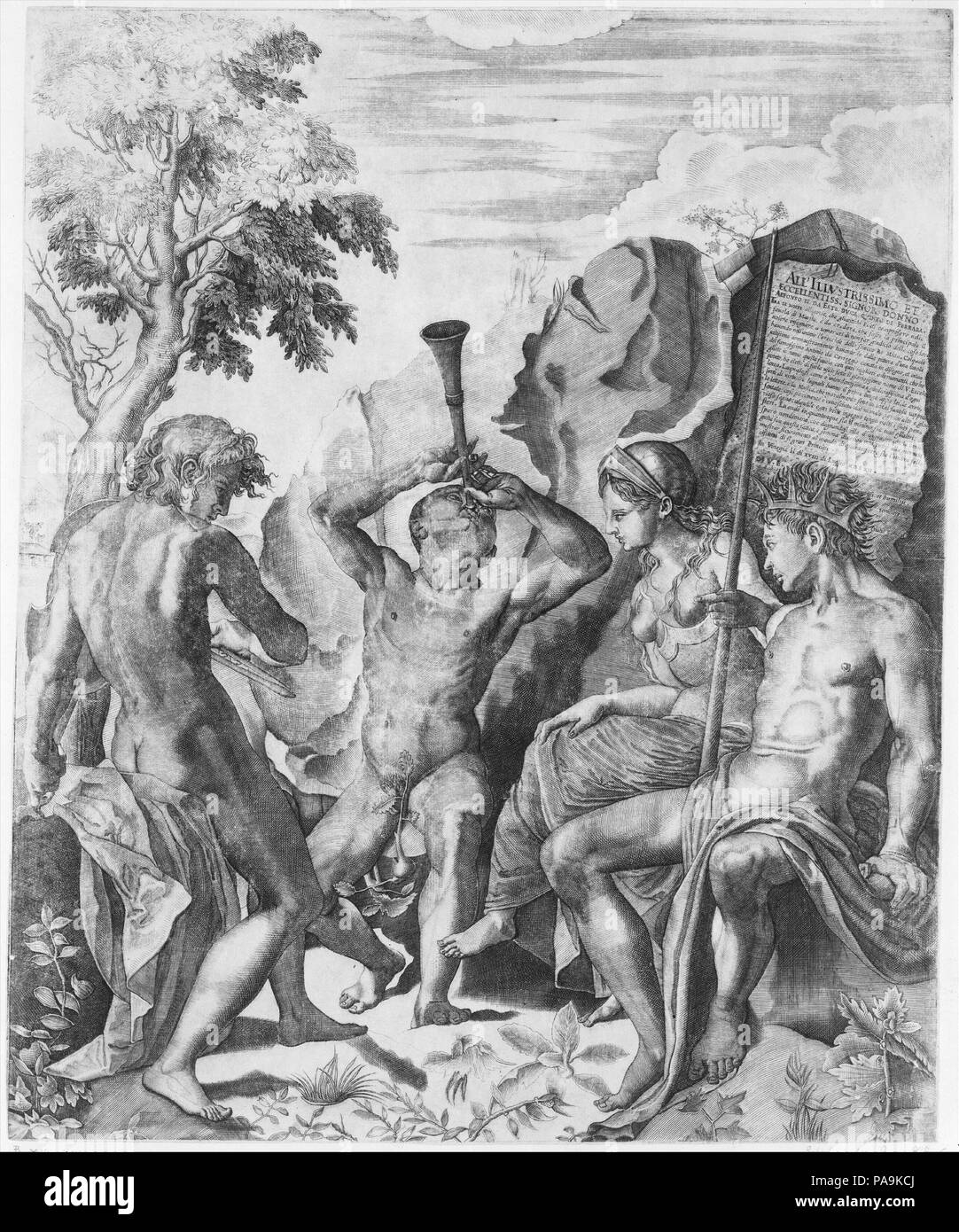 Le concours d'Apollon et Marsyas, le jugement de Midas. Artiste : Giulio Sanuto (Italien, actif 1540-88) ; Après Bronzino (Agnolo di Cosimo di Mariano) (Italien, Monticelli 1503-1572 Florence). Fiche Technique Dimensions : (découpés) : 20 × 16 7/16 11/16 in. (51,9 × 42,4 cm). Date : 1562. La gravure de Sanuto est basé sur un design de Bronzino pour l'intérieur d'un couvercle de clavecin maintenant dans l'Ermitage. Ovide avait gardé Apollo a un concours musical avec Pan, assisté par le roi Midas (Ovide 11.146-93), distincte de celle avec le satyre Marsyas (6.382-400). D'autres sources, cependant, leur répétition. Le Flor Banque D'Images