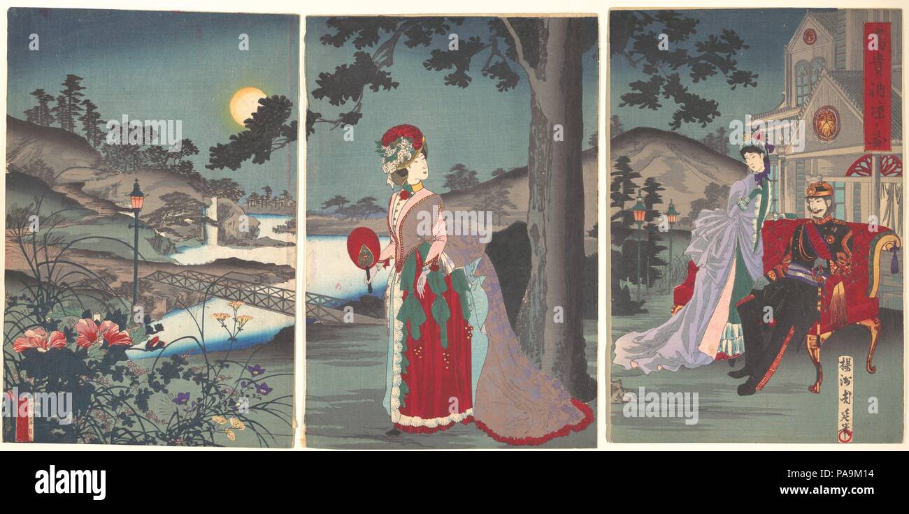 Noblesse dans la soirée Cool (Koki noryo no zu). Artiste : Yoshu Chikanobu (Hashimoto), japonais (1838-1912). Culture : le Japon. Dimensions : Image : 13 3/4 x 27 1/2 in. (34,9 x 69,9 cm). Date : 1887. Chikanobu est devenu le plus populaire print artist de beautés pendant l'ère Meiji en représentant la noblesse japonaise. Bien que les femmes dans ces gravures polychromes de l'usure des coiffures et robes, leurs visages toujours ressembler à l'idéal de beauté traditionnels de la période Edo. Ici, il paie une attention particulière à des détails réalistes, comme la lune délicate, subtil dégradé de gris dans le ciel de nuit, Banque D'Images