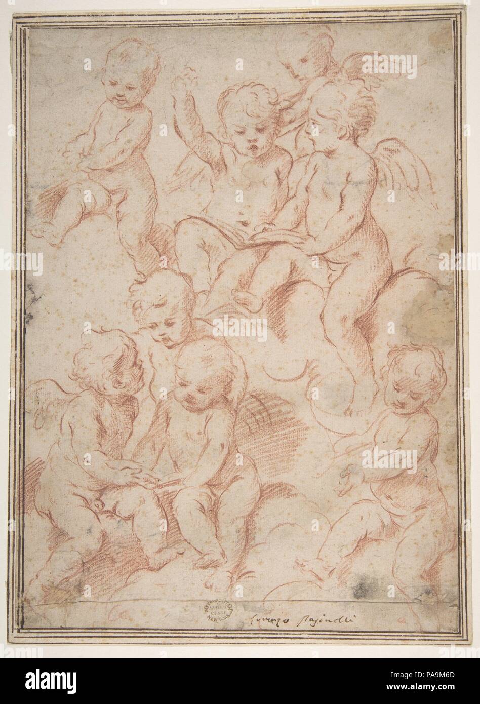 Putti ailés avec Open Music Books. Artiste : Lorenzo Pasinelli (Italien, Bologne Bologne 1629-1700). Dimensions : 9 x 7 13/16 in. (24.9 x 17.8cm). Date : 1629-1700. Musée : Metropolitan Museum of Art, New York, USA. Banque D'Images