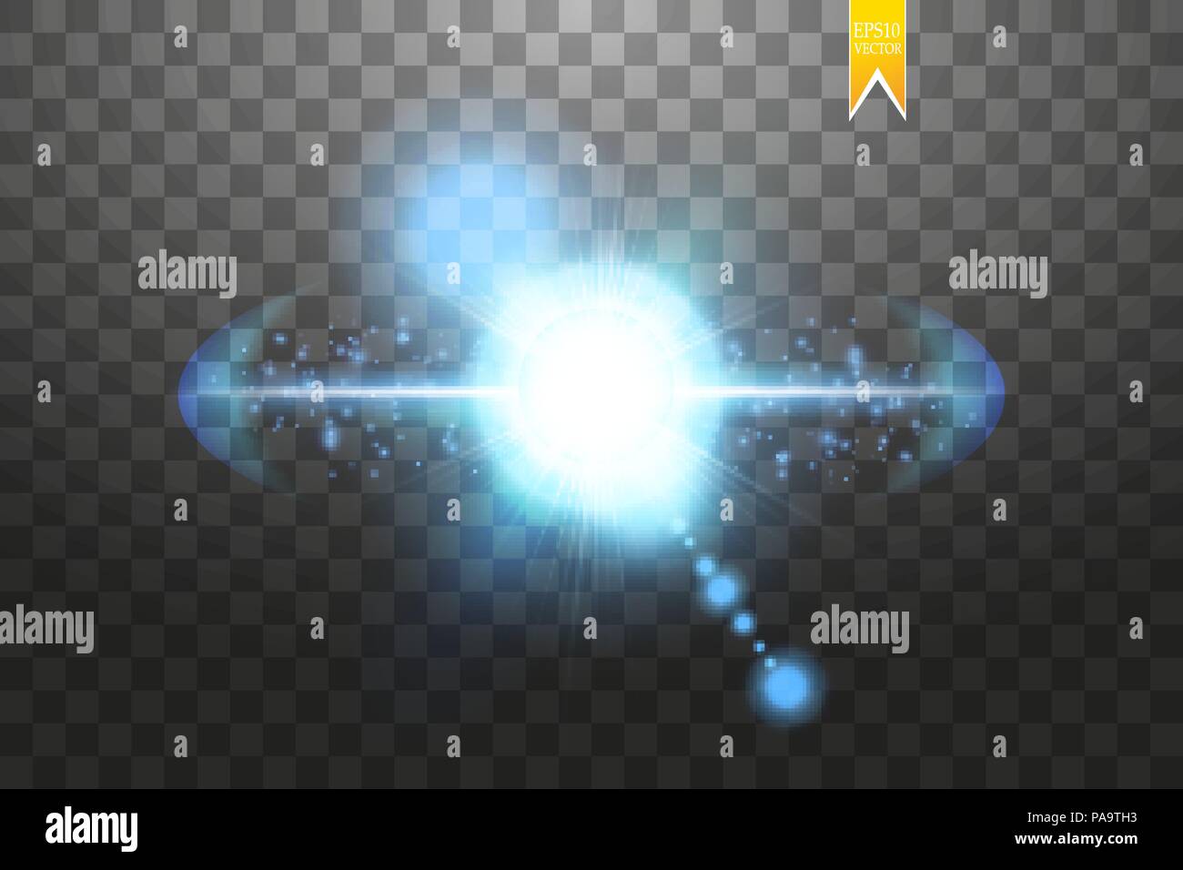 Effet de l'explosion, voler dans des directions différentes des particules, glow blue lens. Vector illustration Star flash. Rayons bleus et des étincelles sur un fond transparent Illustration de Vecteur