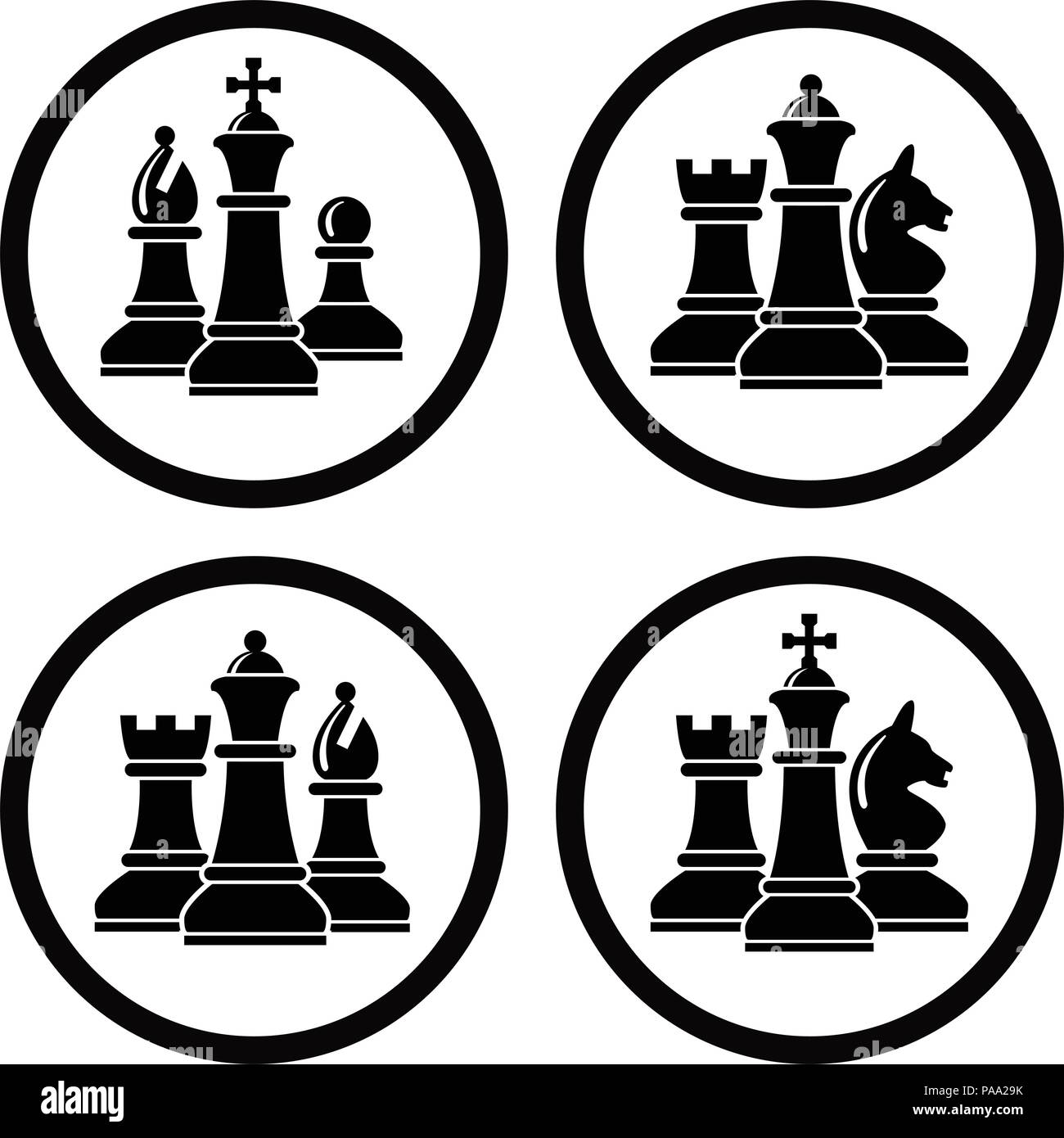 Pièces d'échecs vecteur icônes pour logo design fait de pion, tour, chevalier, l'évêque, le roi et la reine des symboles d'échecs noir et blanc Illustration de Vecteur