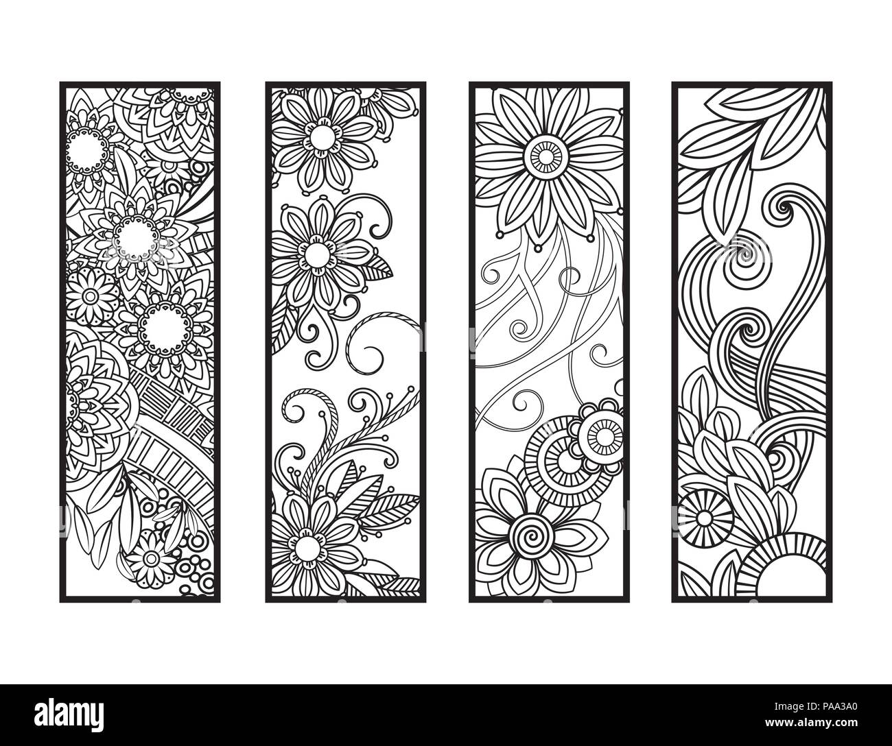Ensemble de quatre pages en noir et blanc. Doodles fleurs et ornements pour des profils à colorier. Vector illustration. Illustration de Vecteur