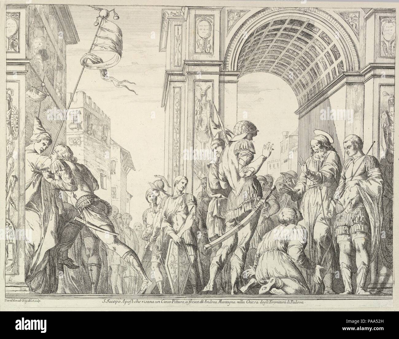 Saint James guérit un aveugle l'homme. Artiste : Giovanni David (Italien, Cabella Ligure Gênes 1749-1790) ; conçu par l'école d'Andrea Mantegna (Italien, Isola di Carturo 1430/31-1506 Mantoue). Fiche technique : Dimensions : 12 1/2 x 16 1/8 in. (31,8 x 40,9 cm) boîte à platemark. Date : 1776. Musée : Metropolitan Museum of Art, New York, USA. Banque D'Images Saint James guérit un aveugle l'homme. Artiste : Giovanni David (Italien, Cabella Ligure Gênes 1749-1790) ; conçu par l'école d'Andrea Mantegna (Italien, Isola di Carturo 1430/31-1506 Mantoue). Fiche technique : Dimensions : 12 1/2 x 16 1/8 in. (31,8 x 40,9 cm) boîte à platemark. Date : 1776. Musée : Metropolitan Museum of Art, New York, USA. Banque D'Images