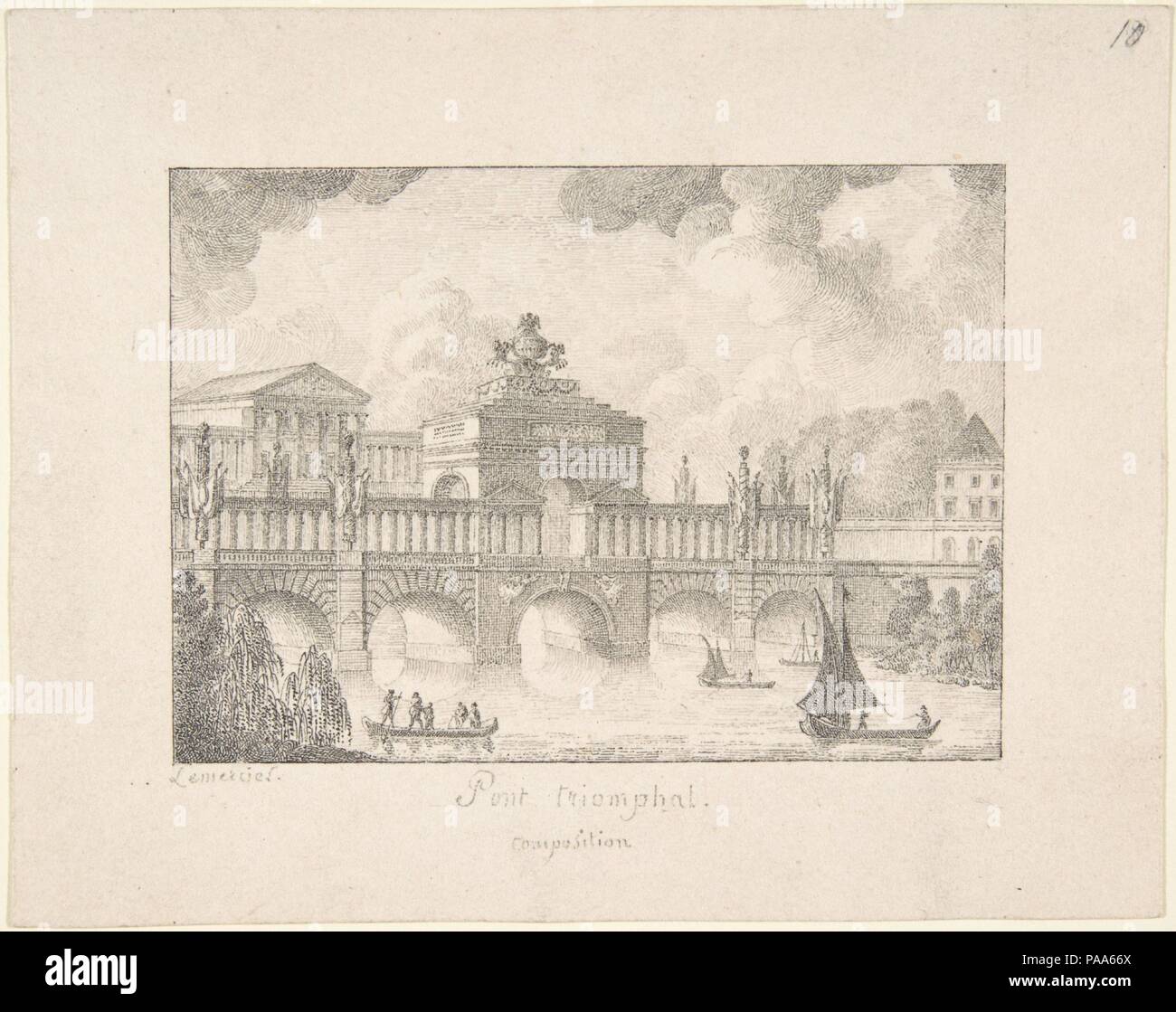 Conception d'un pont triomphal. Artiste : Joseph Lemercier (Français, 1803-1887). Dimensions : 4 x 5 9/16 11/16 in. (11,6 x 14,4 cm). Date : du 19e siècle. Musée : Metropolitan Museum of Art, New York, USA. Banque D'Images