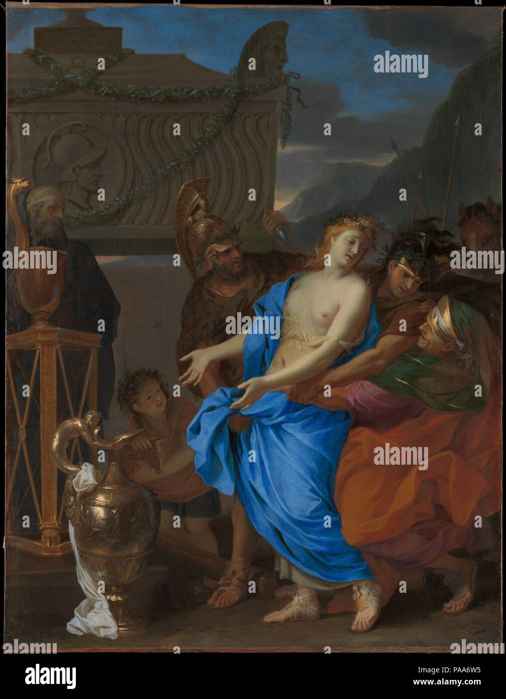 Le Sacrifice de Polyxena. Artiste : Charles Le Brun (français, Paris 1619-1690 Paris). Dimensions : 67 × 51 5/16 9/16 in. (171 × 131 cm). Date : 1647. Comme raconté par le poète romain Ovide (43 av. J.-A.D. 17/18), la led est conforme Polyxena à sa mort, à l'autel sacrificiel d'apaiser le fantôme du héros Achille. Sa mère tente de la retenir pendant que le soldat Neoptolemus soulève son épée. L'enfant tenant une poitrine de l'encens et de l'austère prêtre compléter cette magnifique composition chorégraphique, qui a été peint l'année suivant le brun à son retour de Rome, où il avait étudié l'esprit Banque D'Images