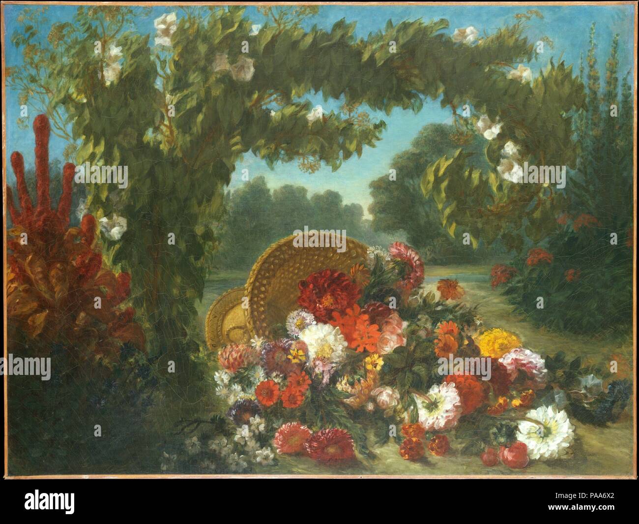 Panier de Fleurs. Artiste : Eugène Delacroix (Français, Charenton-Saint-Maurice 1798-1863 Paris). Dimensions : 42 1/4 x 56 in. (107,3 x 142,2 cm). Date : 1848-1849. Compte tenu de l'agitation sociale et politique post-révolutionnaire à Paris, Delacroix se retira dans sa maison de campagne, en septembre 1848, de Champrosay. Il y a entrepris une série de peintures de fleurs, destiné pour le Salon de 1849, qu'il espérait saisir la variété et profusion de fleurs de jardin. En raison de la possibilité de gel, il a travaillé rapidement et produit cinq toiles. De ce nombre, seulement deux satisfait suffisamment pour être inclus dans Banque D'Images