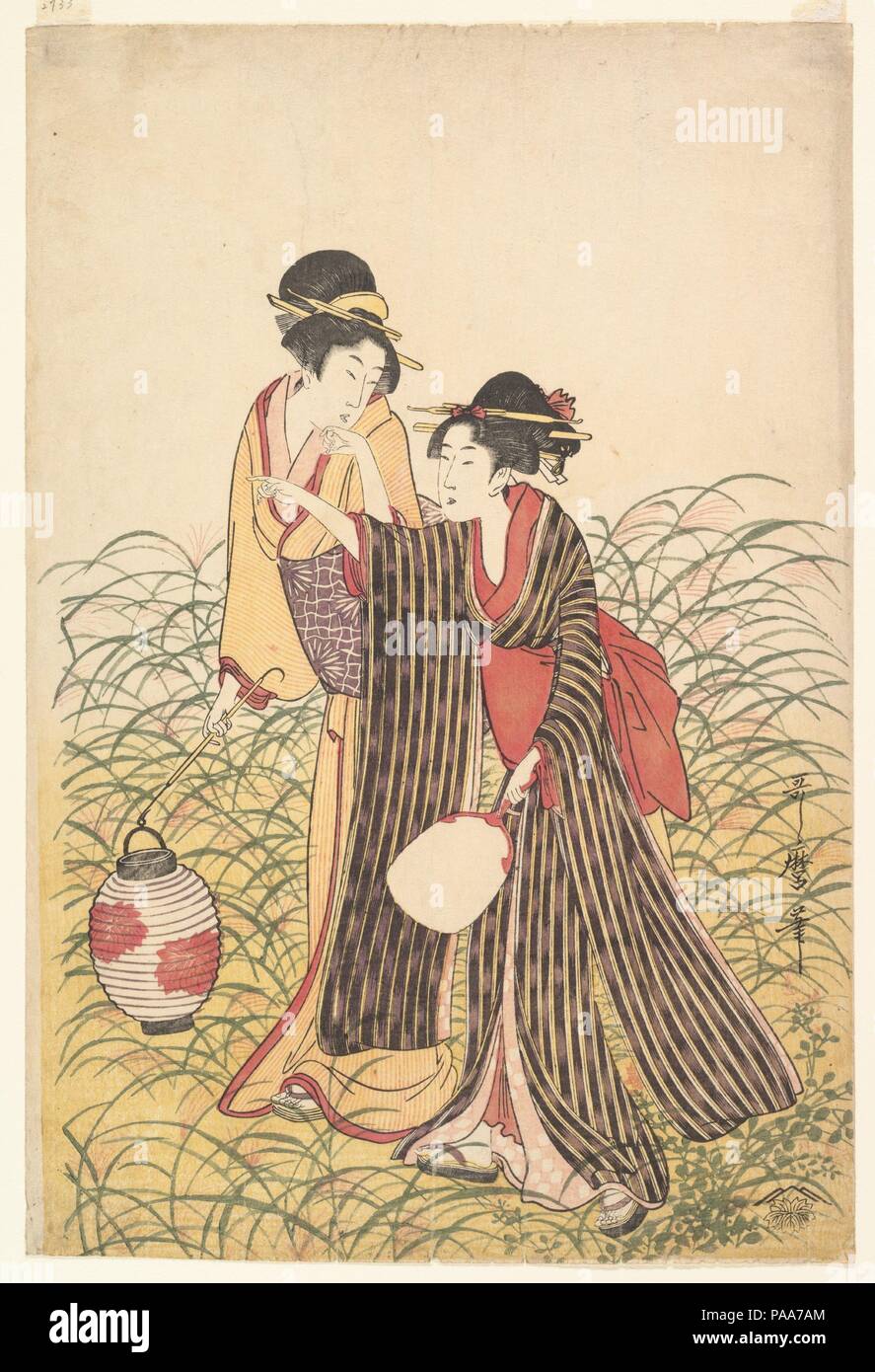 Elopers en Musashino. Artiste : Kitagawa Utamaro (Japonais, ca. 1754-1806). Culture : le Japon. Dimensions : Image (triptyque) oban : 15 1/8 x 10 1/8 in. (38,4 x 25,7 cm). Date : début du 19ème siècle. Dans cet épisode des Contes d'Ise, l'infatigable jeune héros de la saga amoureuse enlève une autre jeune fille. Il l'emmène à la province de Musashi, loin à l'est de la capitale, et, poursuivi par les autorités locales pour son crime, il se cache la jeune fille dans un champ de hautes herbes à fleurs et s'échappe. Afin de le forcer à se cacher de ses poursuivants, commencer à mettre le feu au champ, puis ils entendent la voix de la jeune fille Banque D'Images