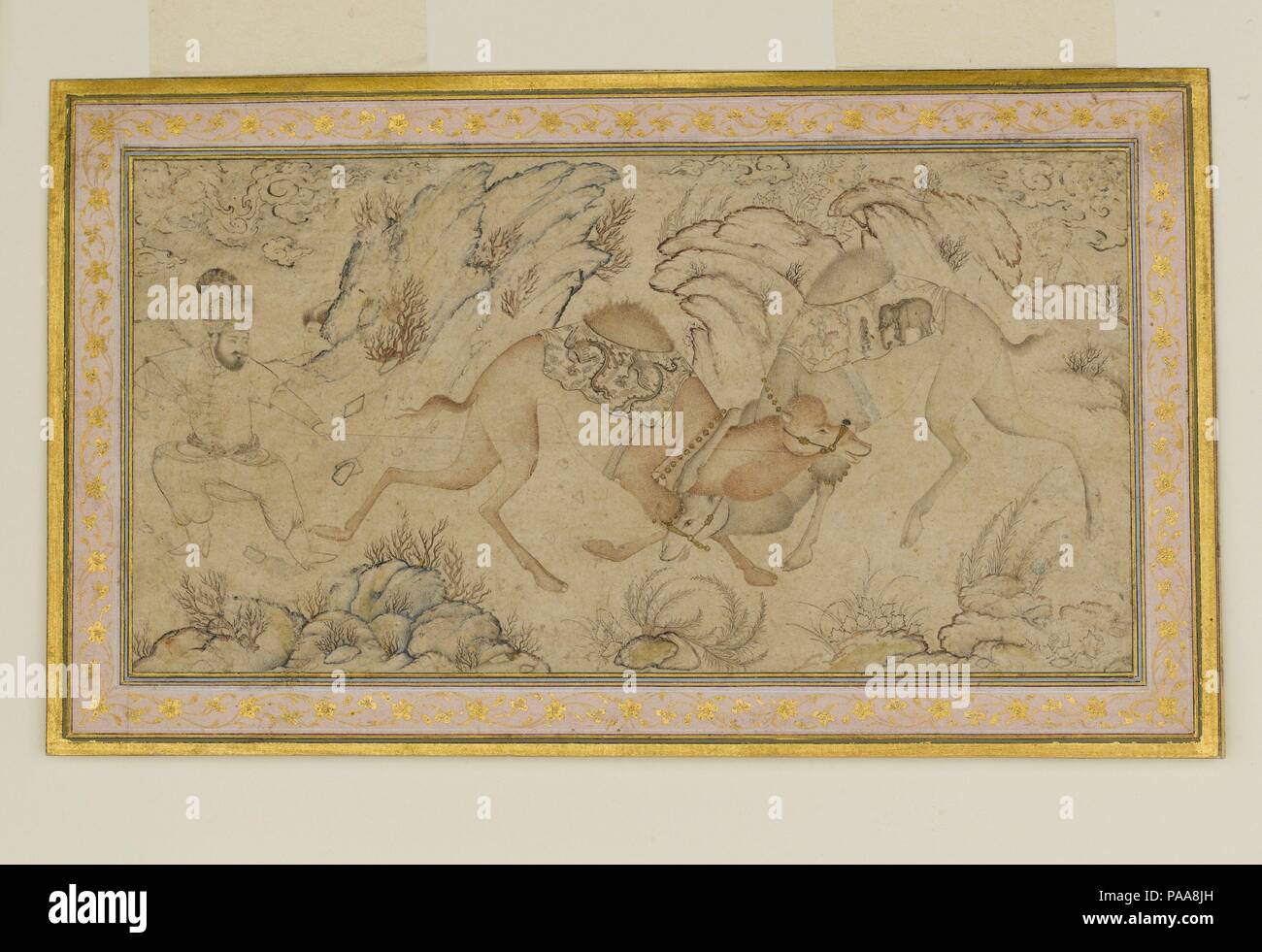 Deux chameaux combats. Dimensions : Peinture : H. 4 1/8 in. (10.5 cm) W. 7 7/8 in. (20 cm) Page : H. 5 1/2 in. (14 cm) 9 W. 1/4 in. (23,5 cm) TMC : H. 14 1/4 in. (36,2 cm) 19 W. 1/4 in. (48,9 cm). Date : fin 16ème-début du 17e siècle. La représentation de deux chameaux combats a une longue histoire dans l'art iranien, qui remonte aux temps pré-islamiques, et était populaire en persan et de Mughal peinture de la fin du xve siècle. Dans ce dessin, un homme dans un chapeau avec une grande plume tente de séparer un chameau de l'autre. Les chameaux sont drapées avec selle ornée de plumes, dont une est de Banque D'Images