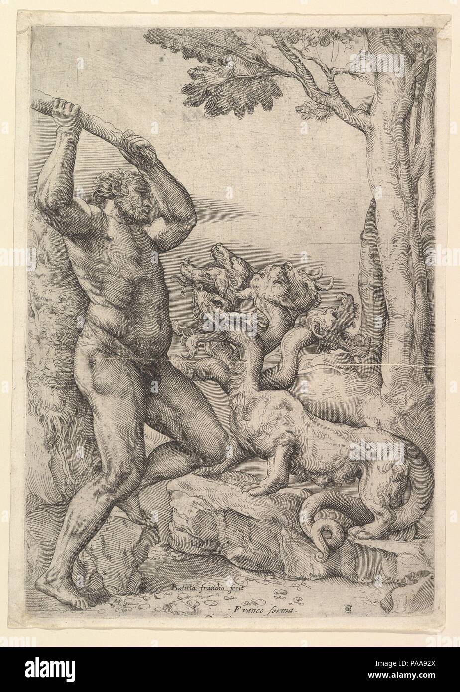 Hercules tue l'Hydre de Lerne. Artiste : Battista Franco (Italien, Venise ca. 1510-1561 Venise). Fiche technique : Dimensions : 12 1/2 x 8 7/8 in. (31,8 x 22,6 cm) plaque : 12 3/16 x 8 1/4 in. (31 x 21 cm). Date : après 1552. Musée : Metropolitan Museum of Art, New York, USA. Banque D'Images