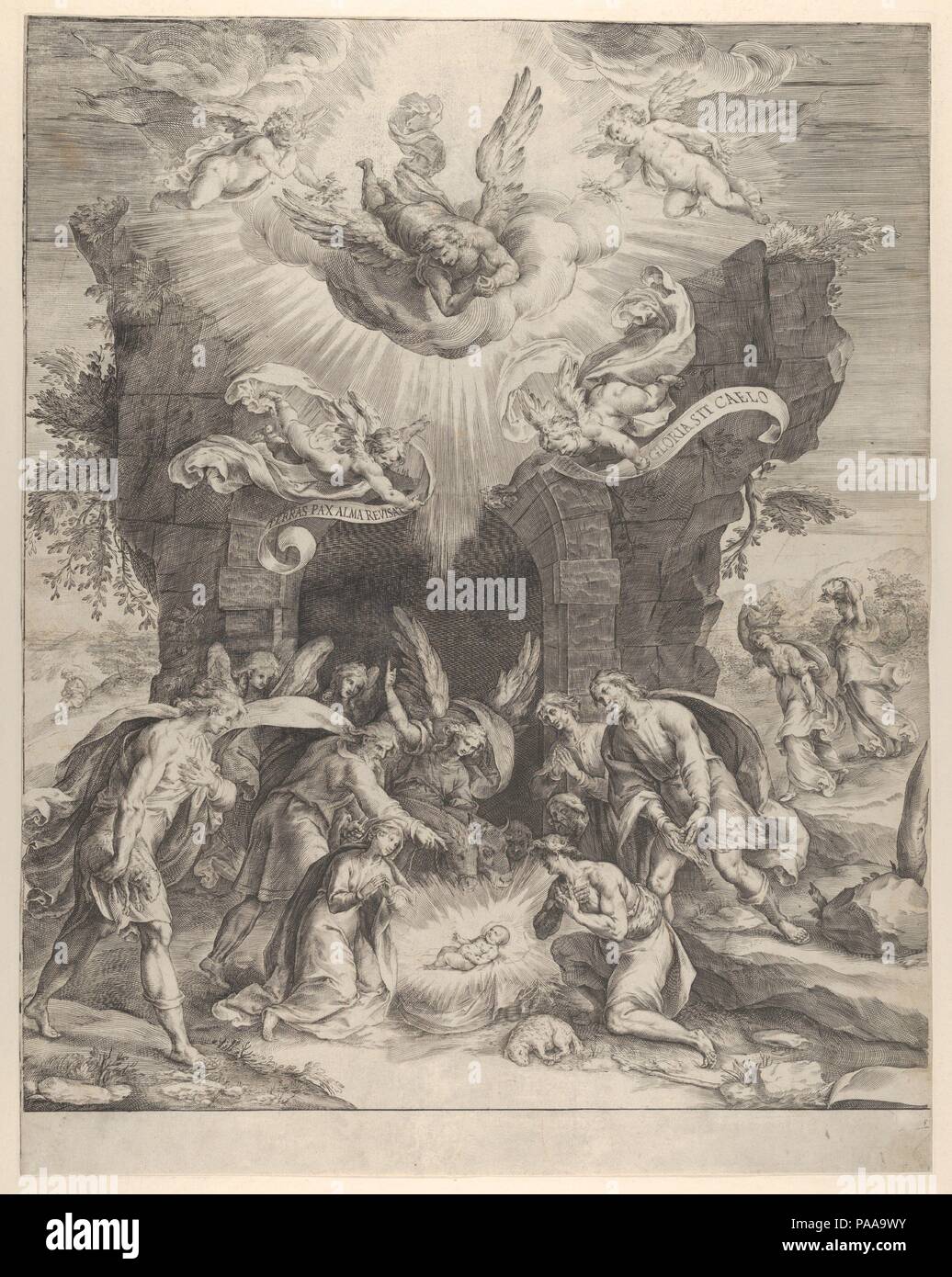 L'Adoration des bergers avec l'enfant Jésus au centre et les anges au-dessus. Artiste : Cherubino Alberti (Zaccaria Mattia) (Italien, Borgo Sansepolcro 1553-1615 Rome) ; Après Polidoro da Caravaggio (Italien, Caravage ca. 1499-ca. 1543 Messine). Fiche Technique : Dimensions : 23 × 18 1/4 en 3/8. (59 × 46,7 cm). Date : 1570-1600. Musée : Metropolitan Museum of Art, New York, USA. Banque D'Images